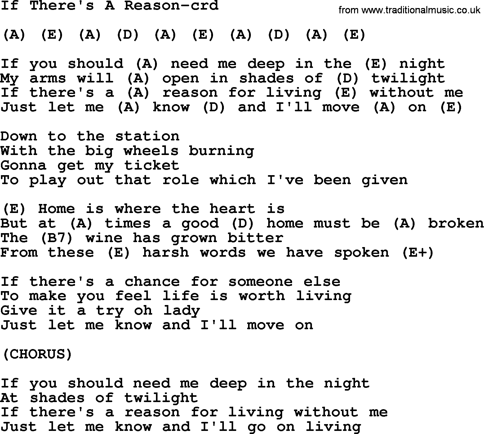 Gordon Lightfoot song If There's A Reason, lyrics and chords