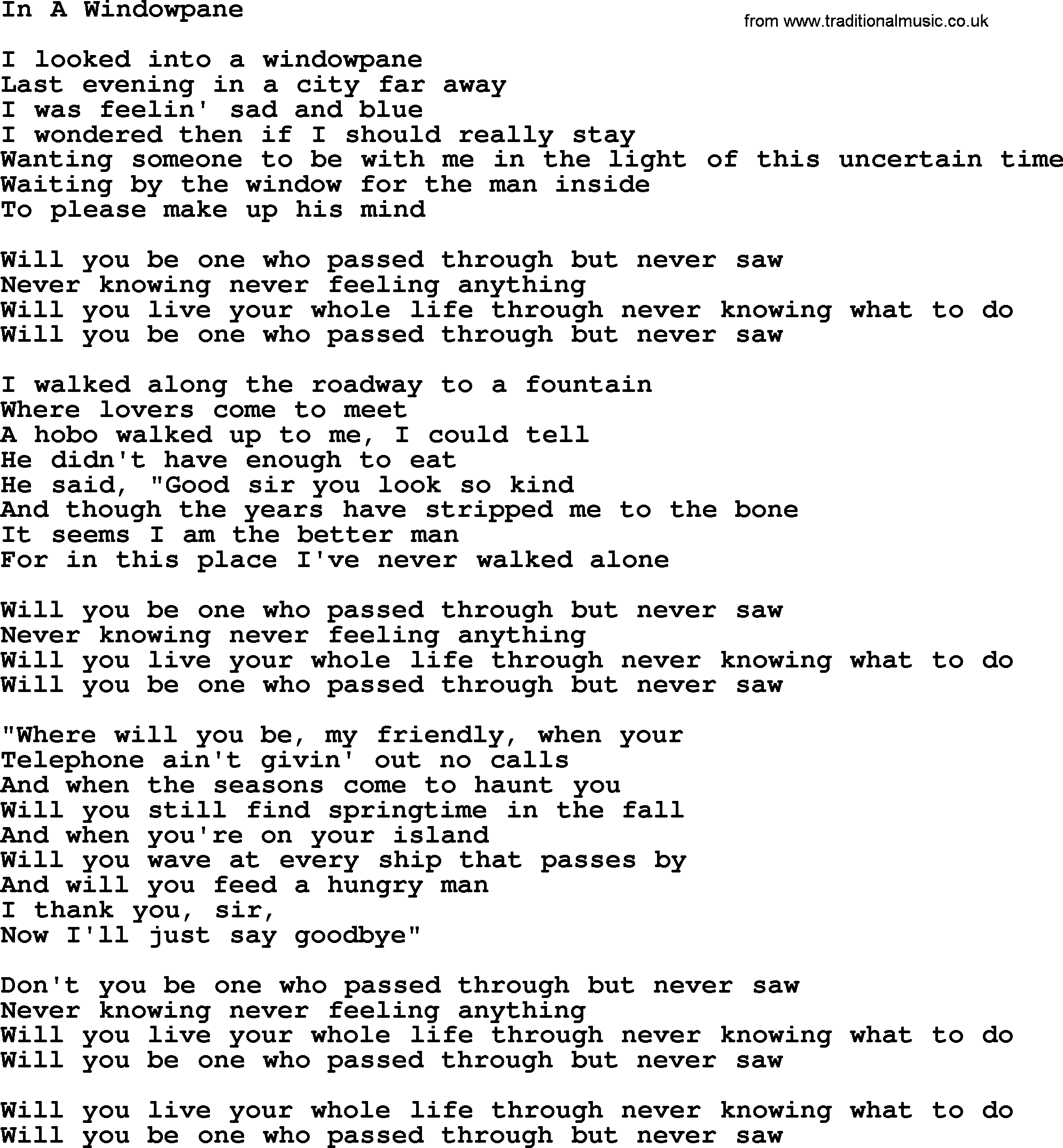 Gordon Lightfoot song In A Windowpane, lyrics