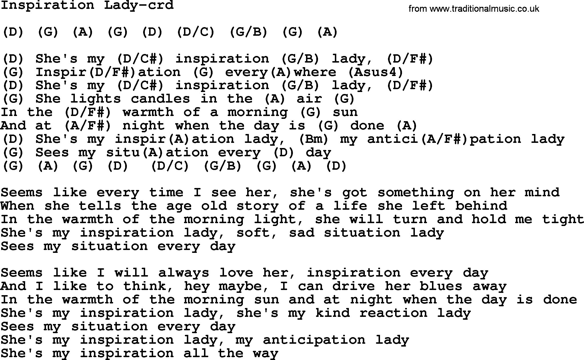 Gordon Lightfoot song Inspiration Lady, lyrics and chords