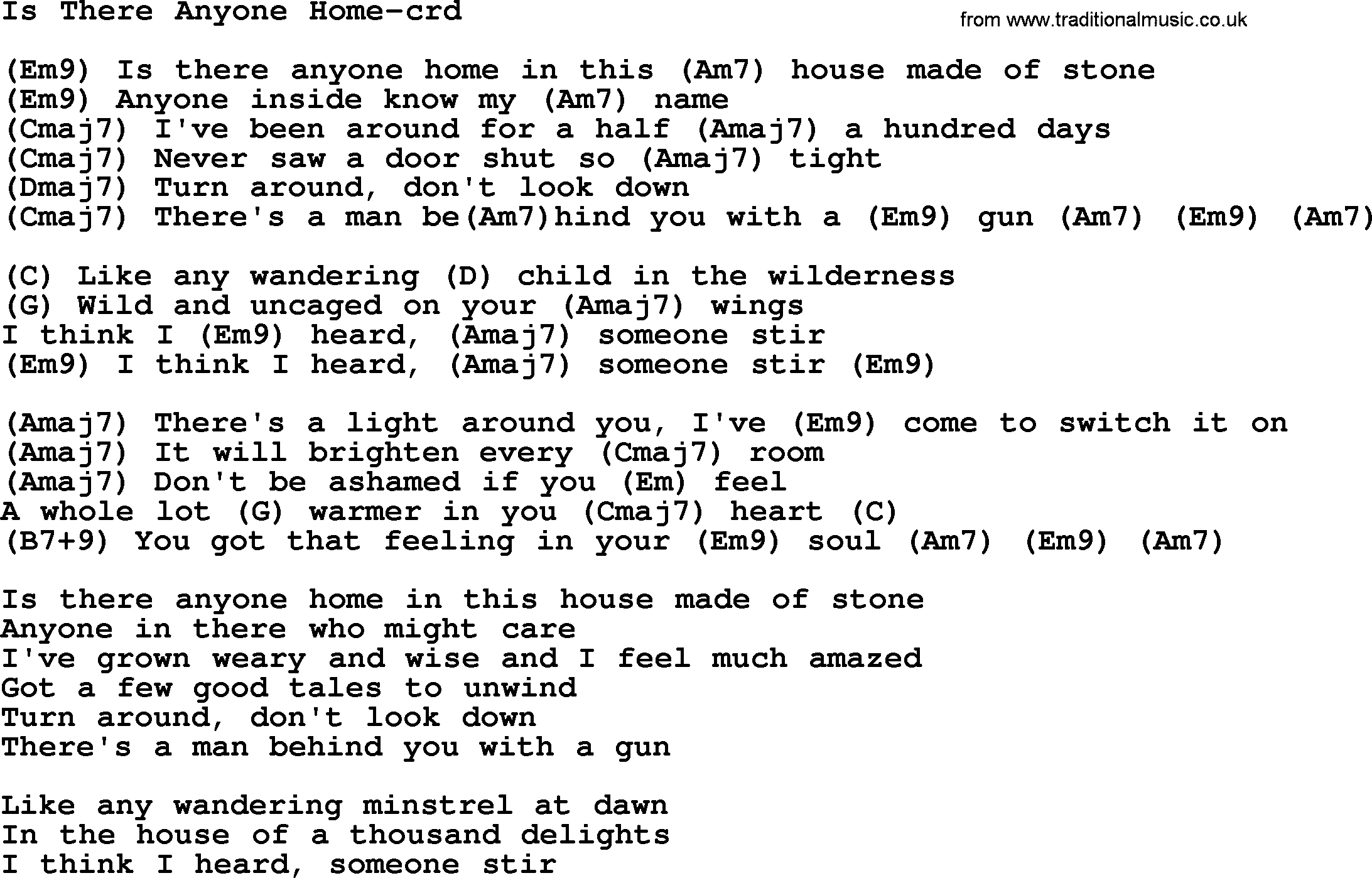 Gordon Lightfoot song Is There Anyone Home, lyrics and chords