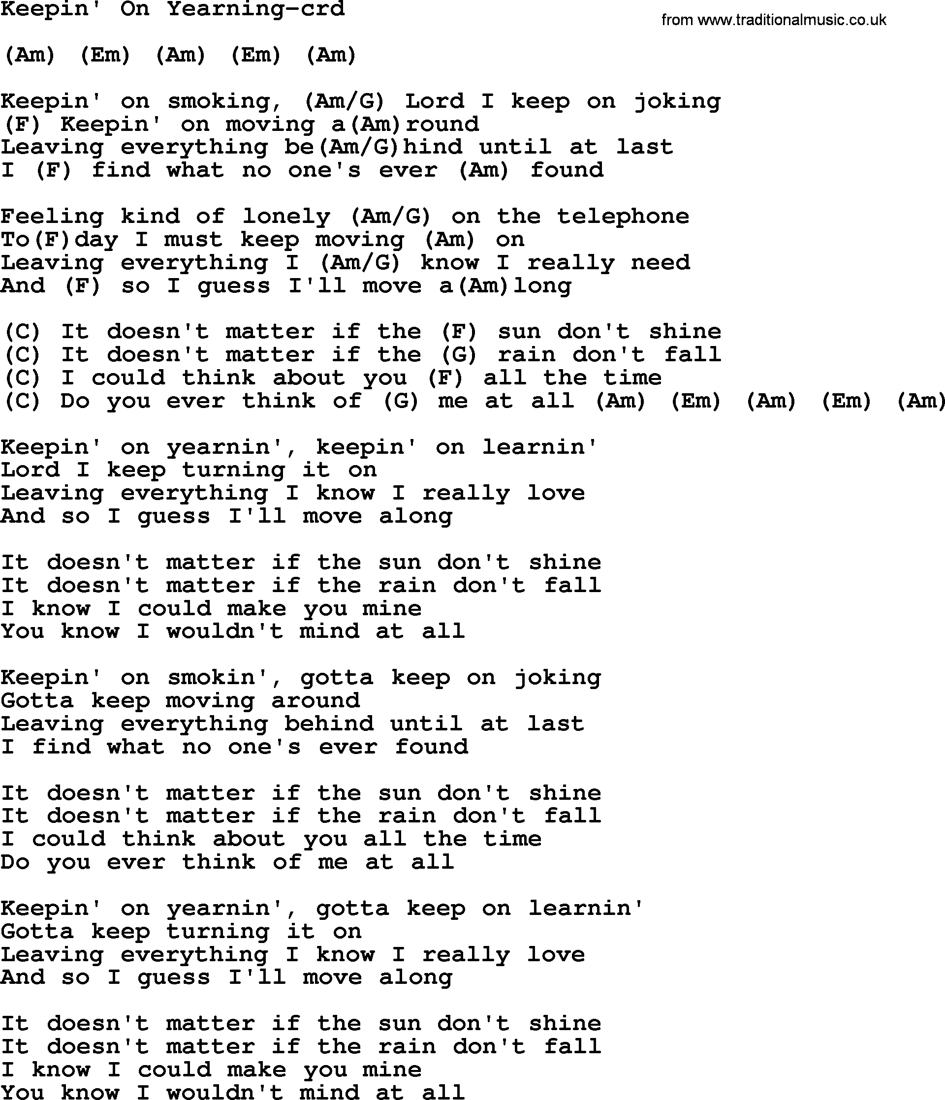 Gordon Lightfoot song Keepin' On Yearning, lyrics and chords