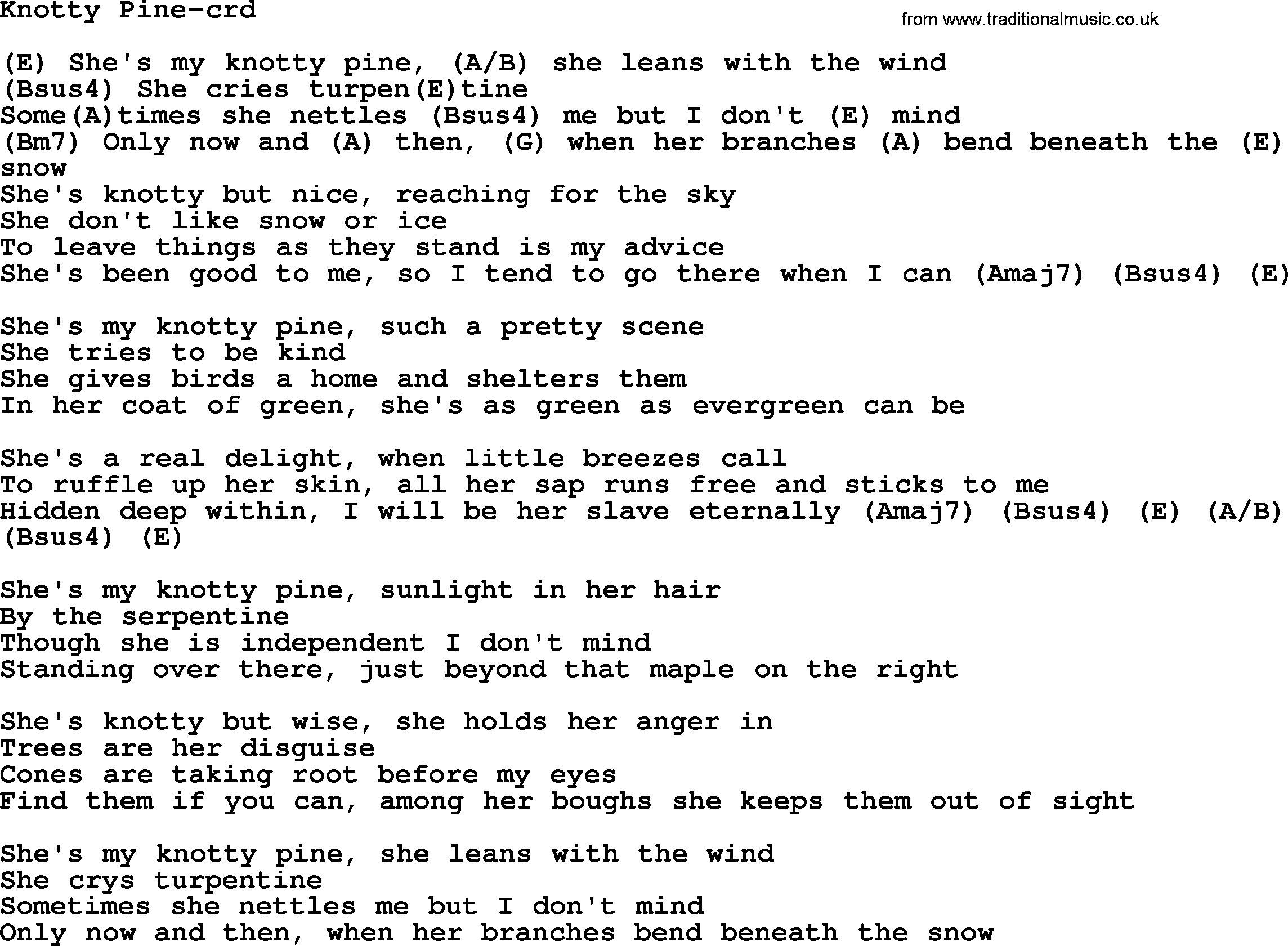 Gordon Lightfoot song Knotty Pine, lyrics and chords
