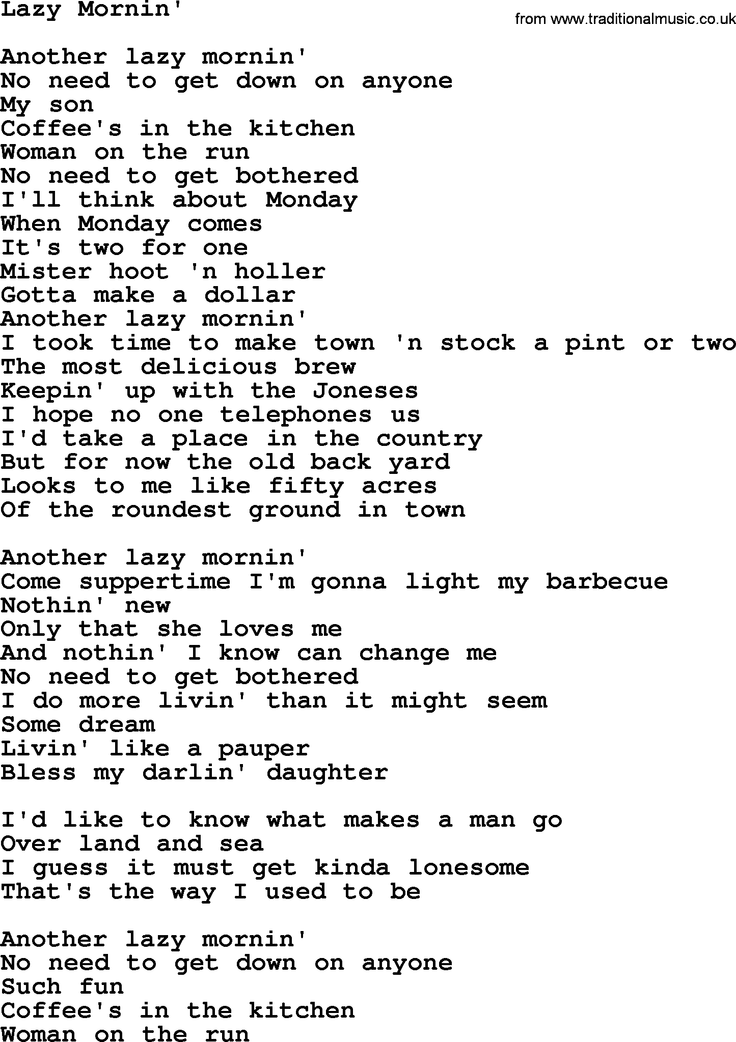 Gordon Lightfoot song Lazy Mornin', lyrics