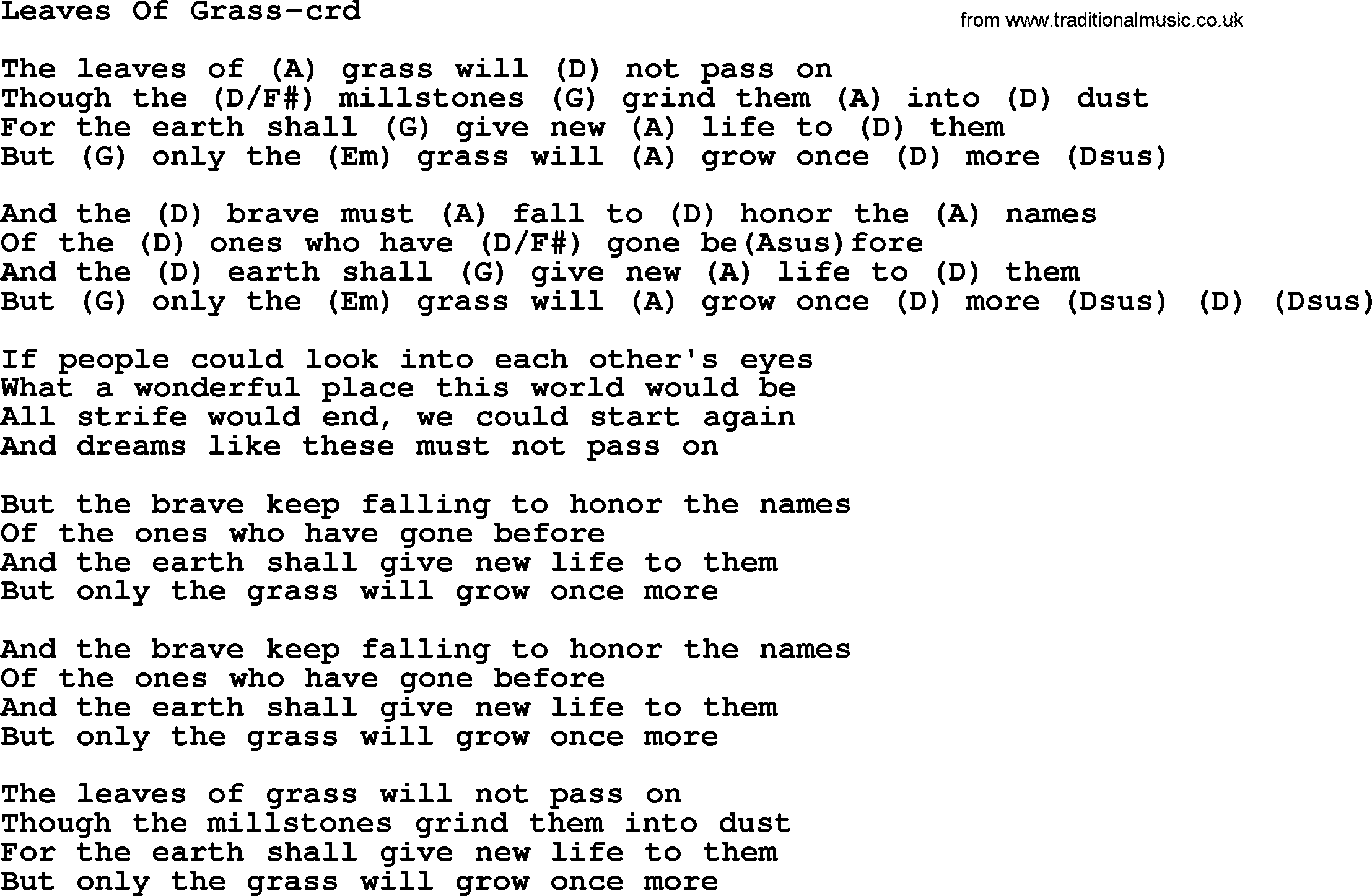 Gordon Lightfoot song Leaves Of Grass, lyrics and chords