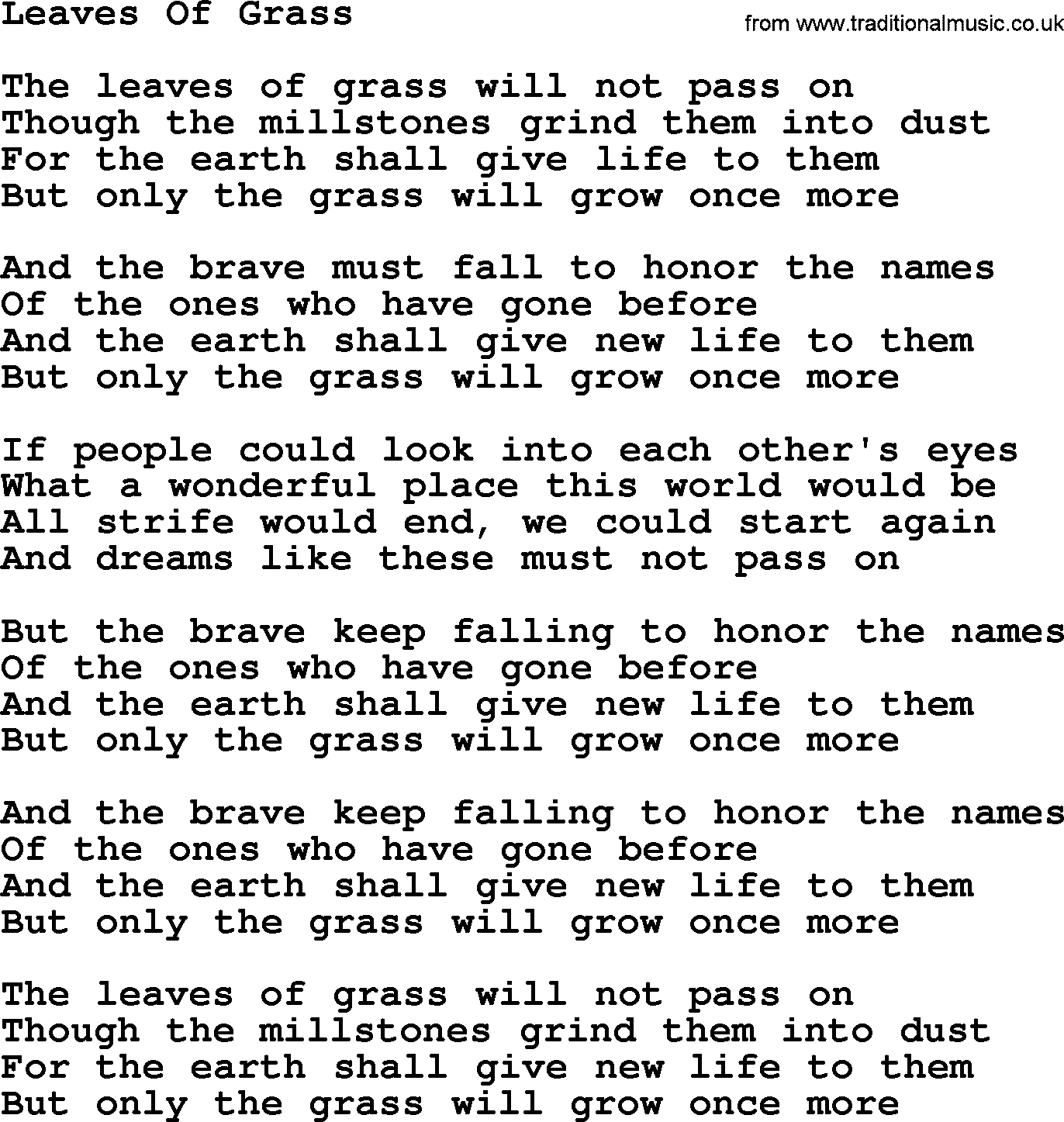 Gordon Lightfoot song Leaves Of Grass, lyrics