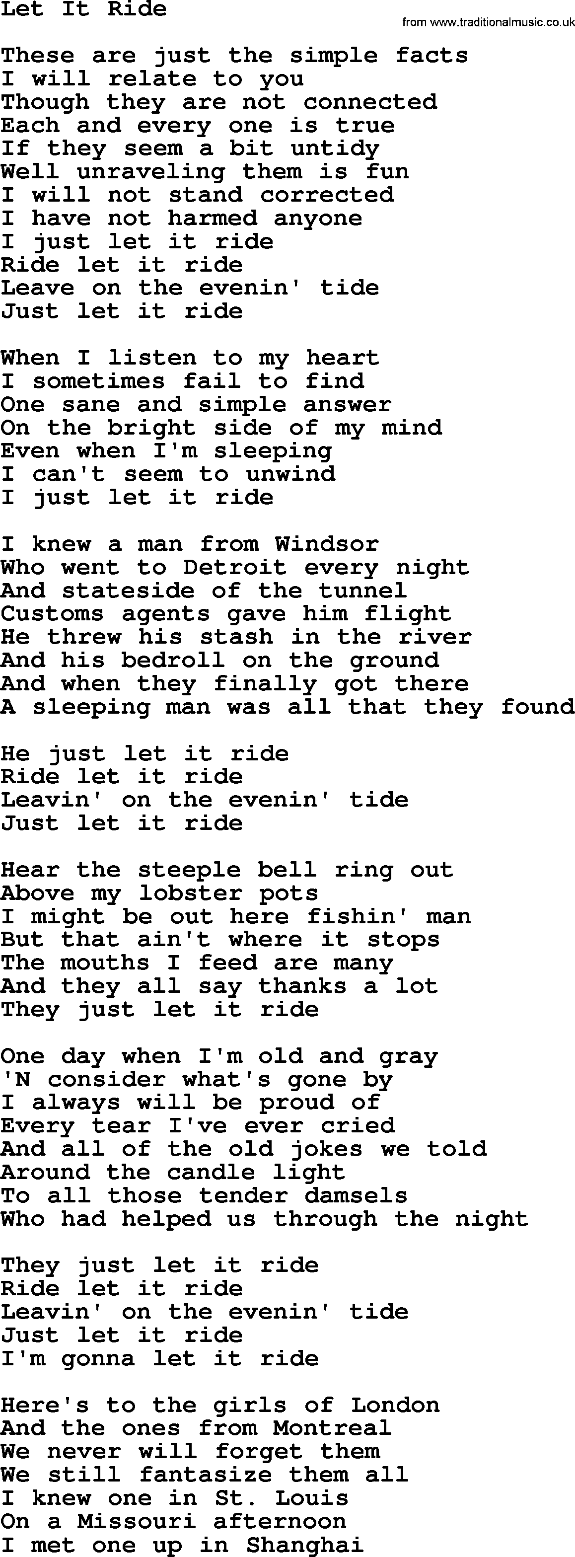 Gordon Lightfoot song Let It Ride, lyrics