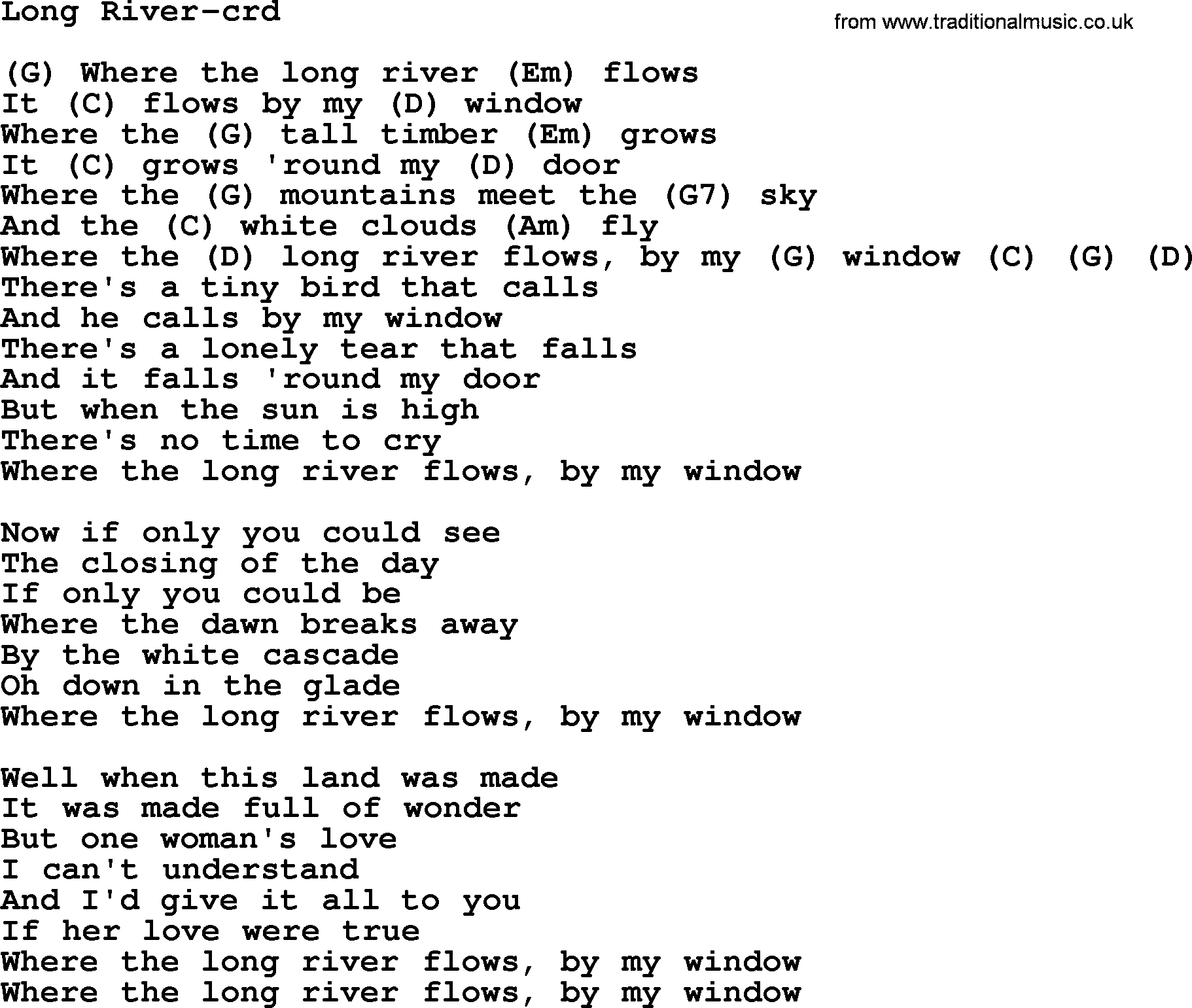Gordon Lightfoot song Long River, lyrics and chords