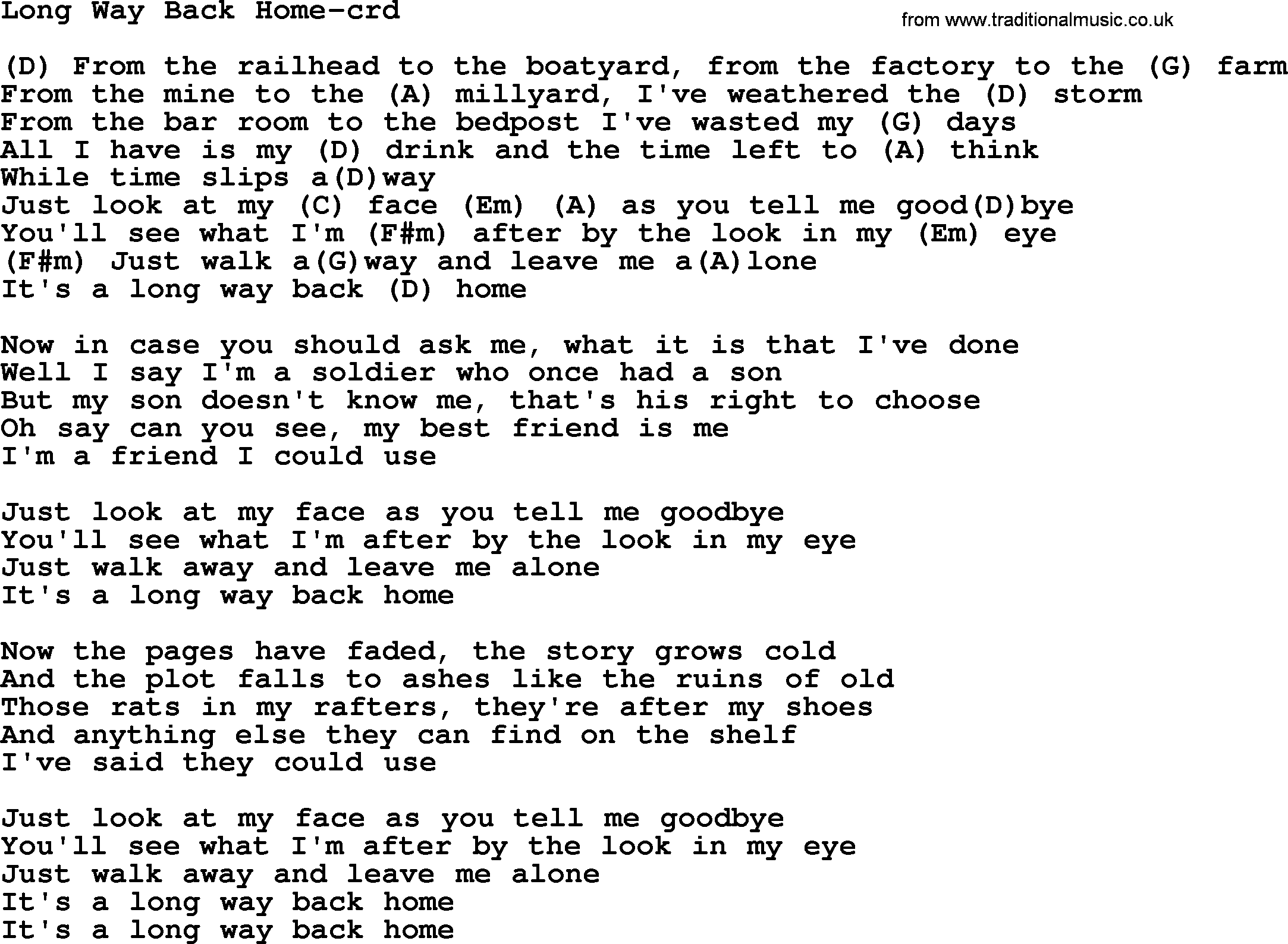 Gordon Lightfoot song Long Way Back Home, lyrics and chords