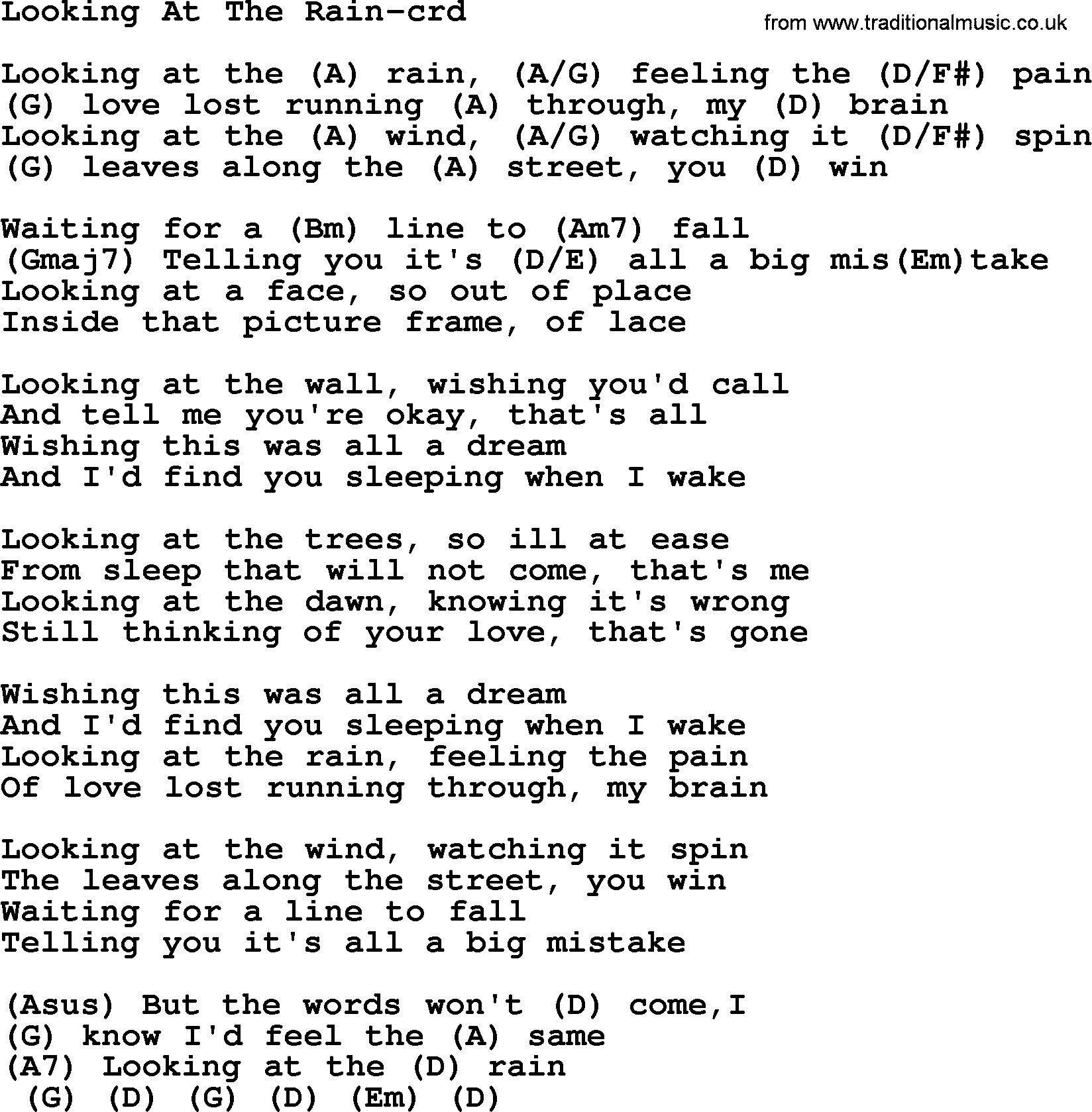 Gordon Lightfoot song Looking At The Rain, lyrics and chords