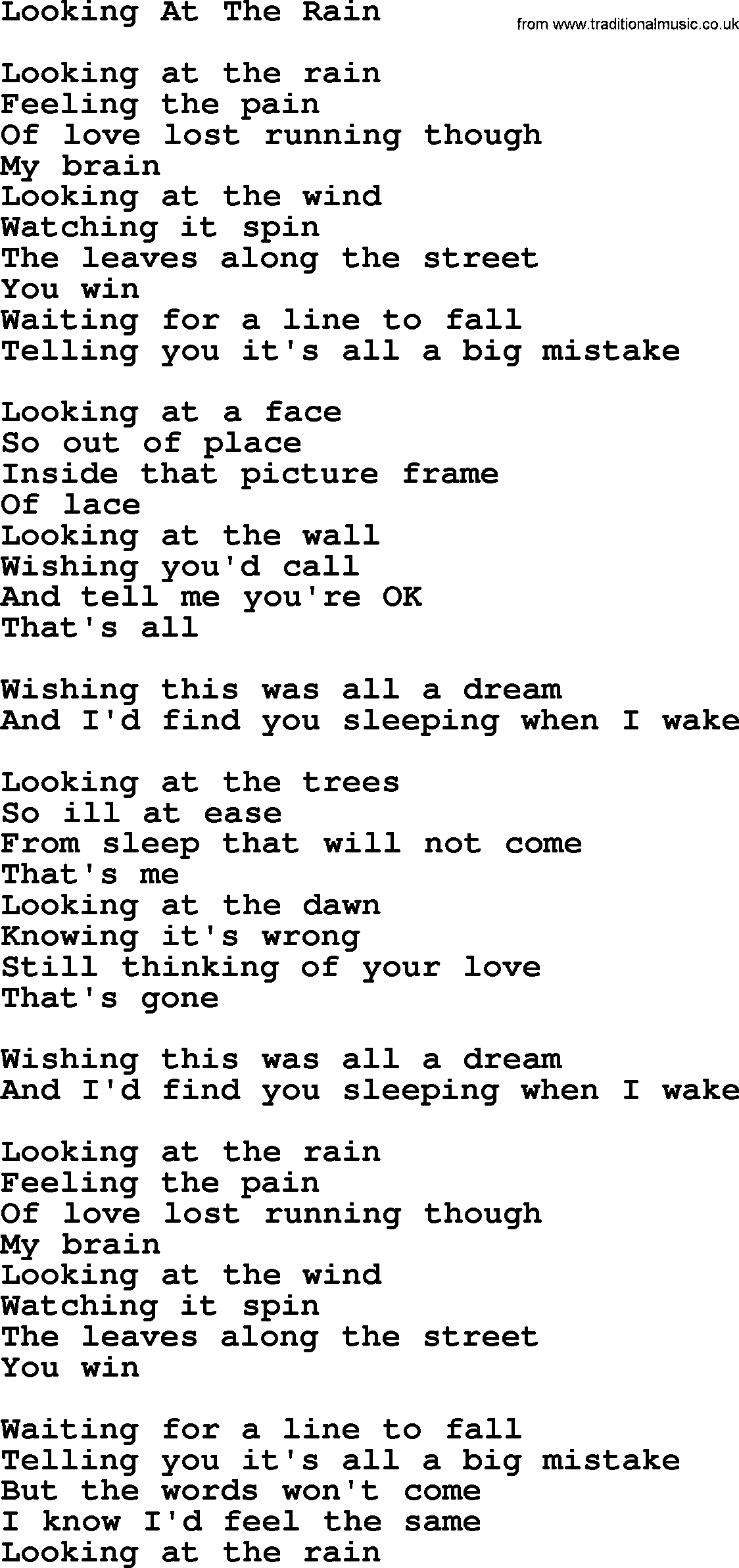 Gordon Lightfoot song Looking At The Rain, lyrics