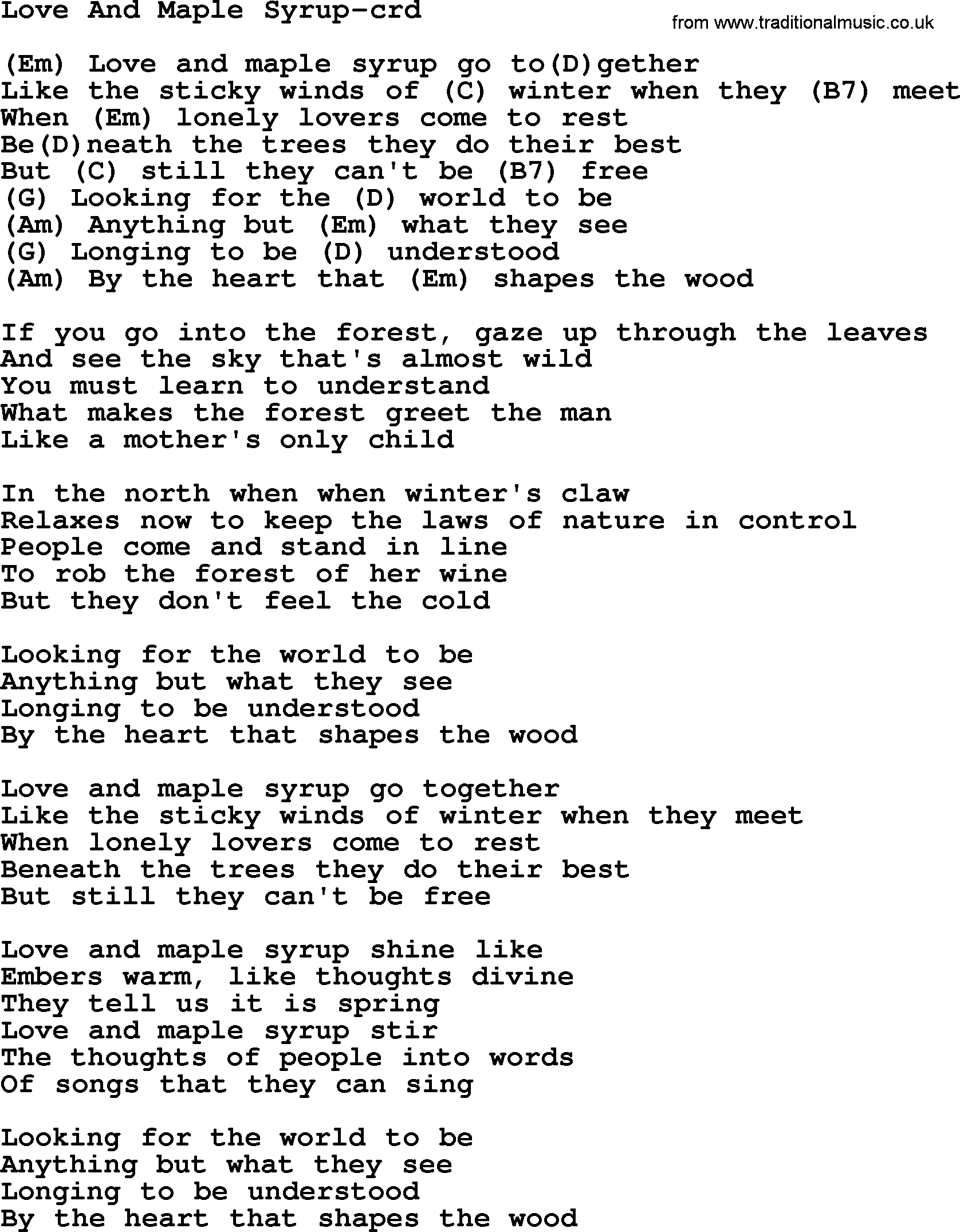 Love And Maple by Gordon Lightfoot, lyrics and chords
