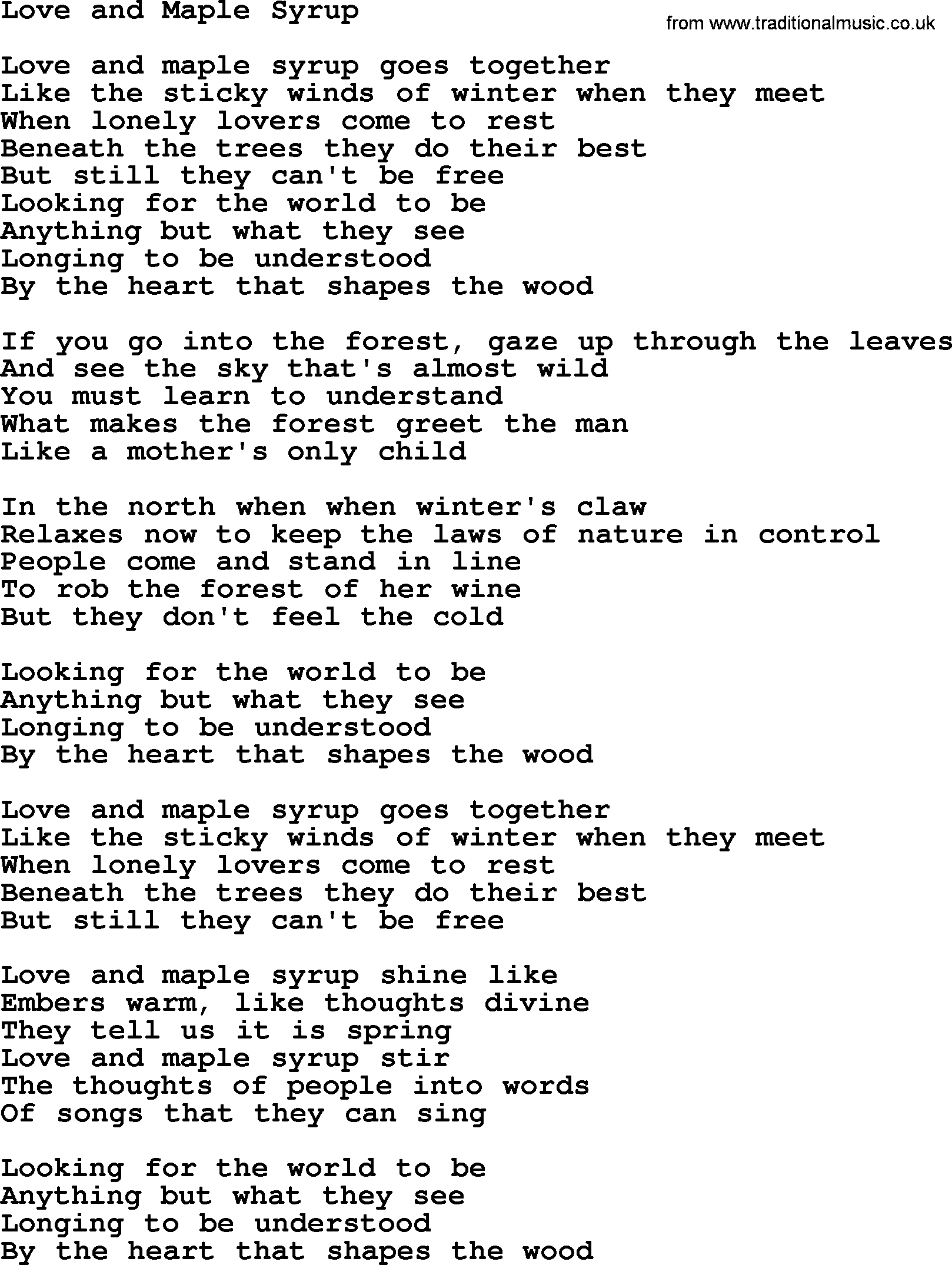 Gordon Lightfoot song Love And Maple Syrup, lyrics