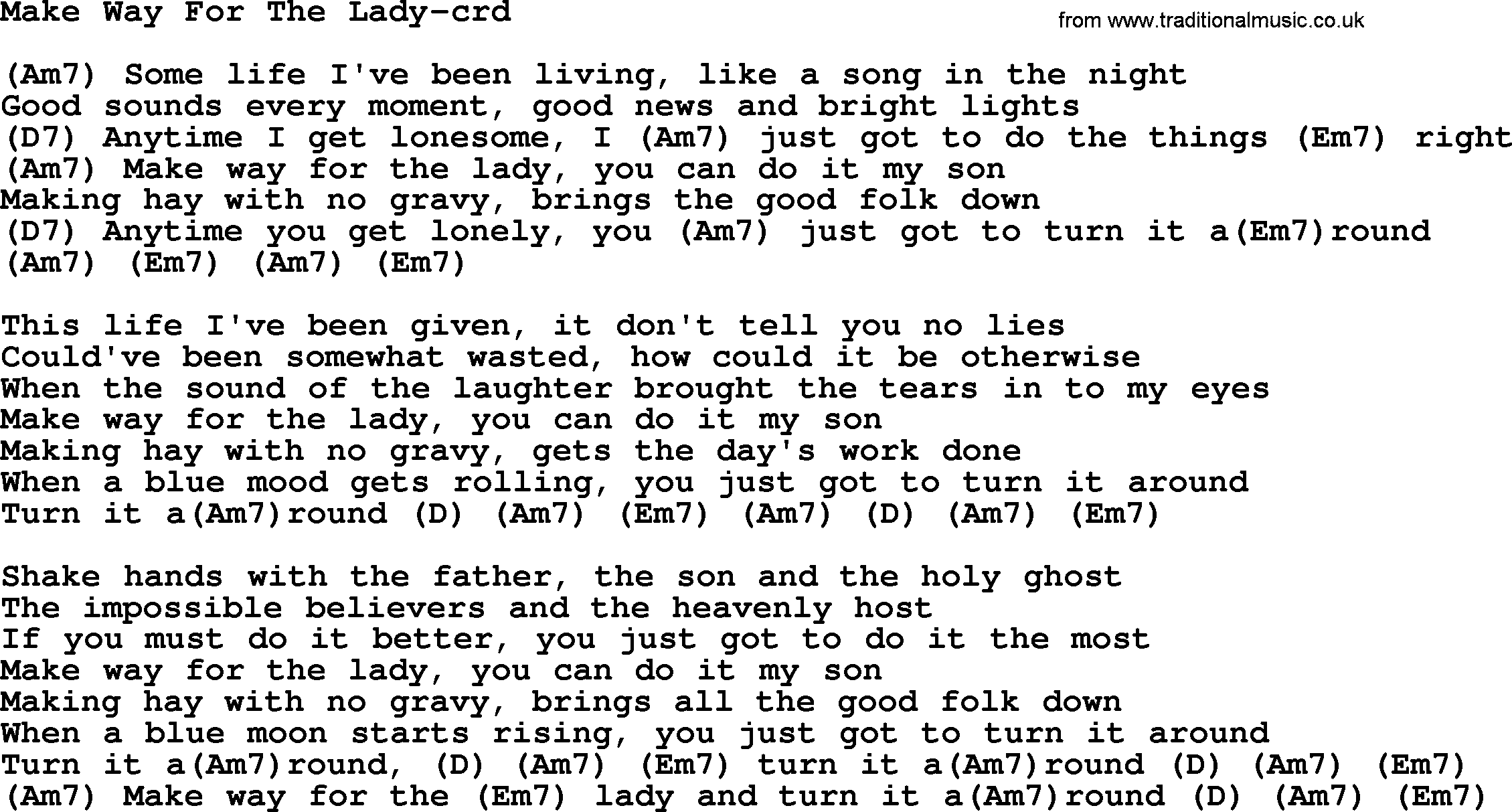 Gordon Lightfoot song Make Way For The Lady, lyrics and chords