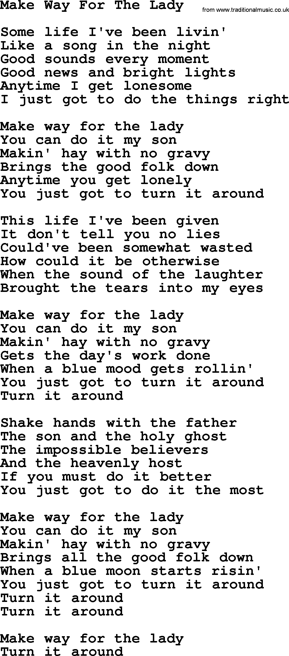 Gordon Lightfoot song Make Way For The Lady, lyrics