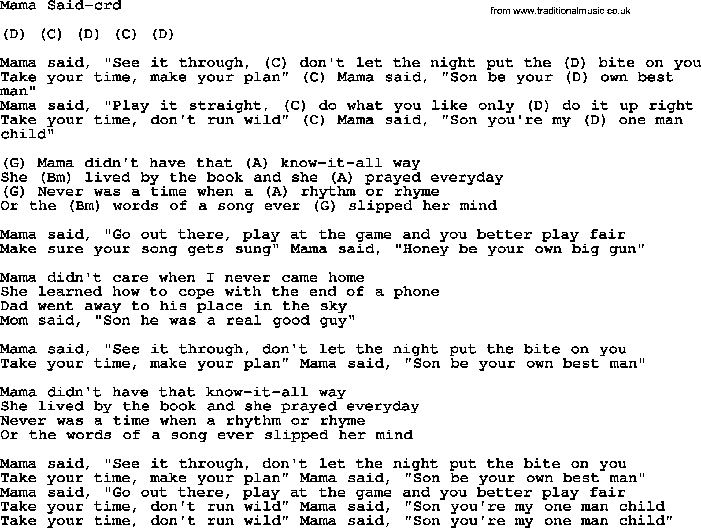 Gordon Lightfoot song Mama Said, lyrics and chords
