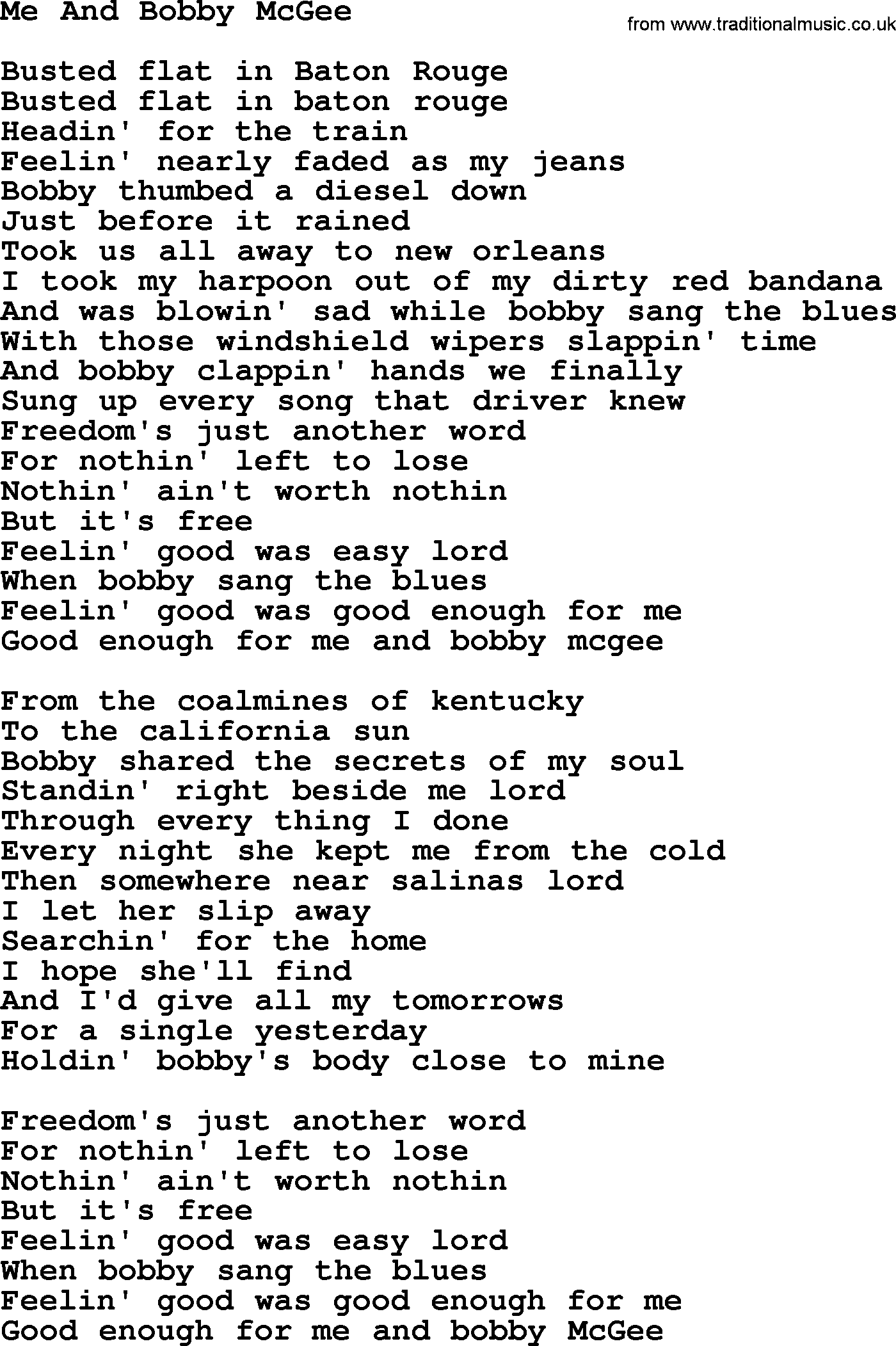 Gordon Lightfoot song Me And Bobby Mcgee, lyrics