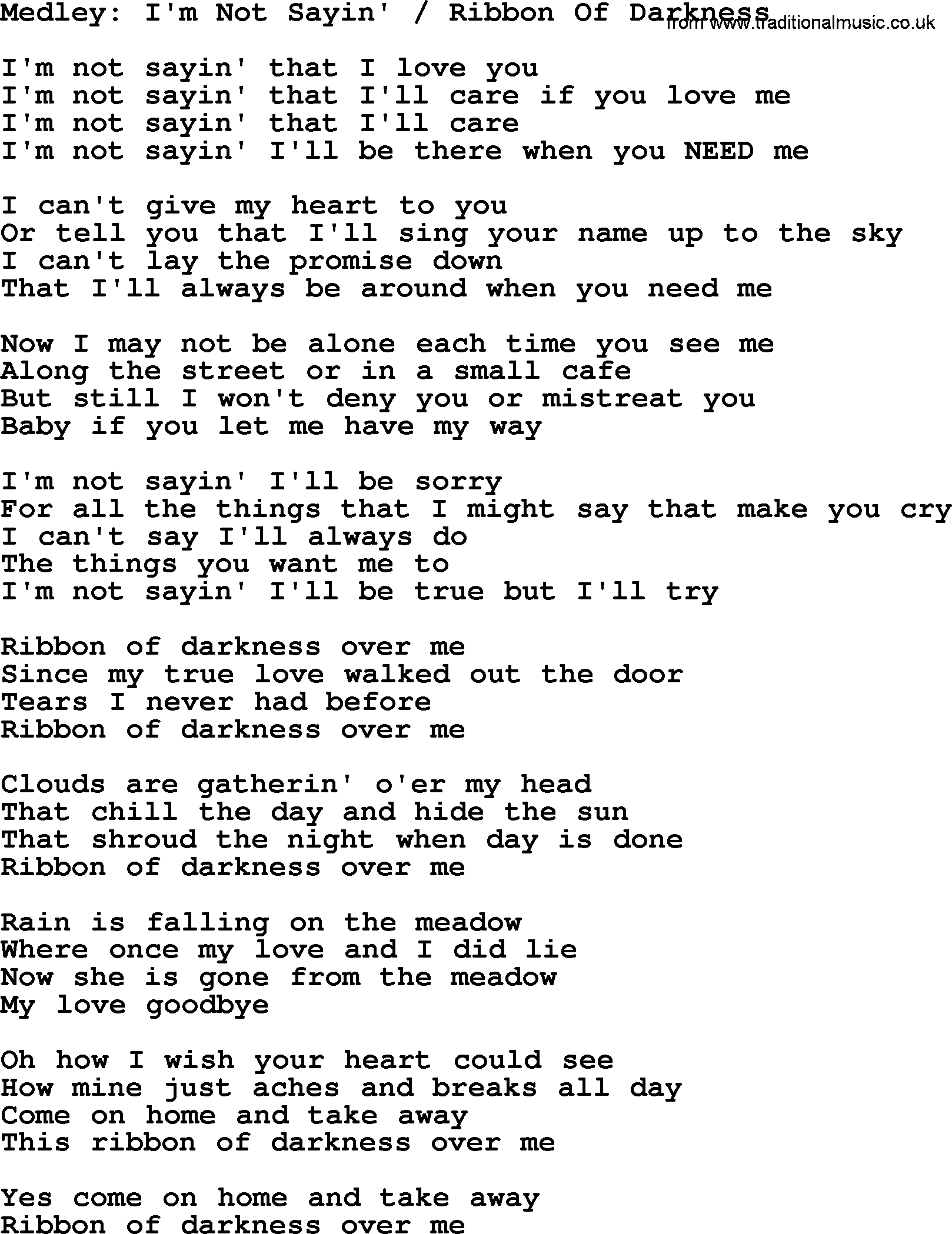 Gordon Lightfoot song Medley_ I'm Not Sayin' _ Ribbon Of Darkness, lyrics