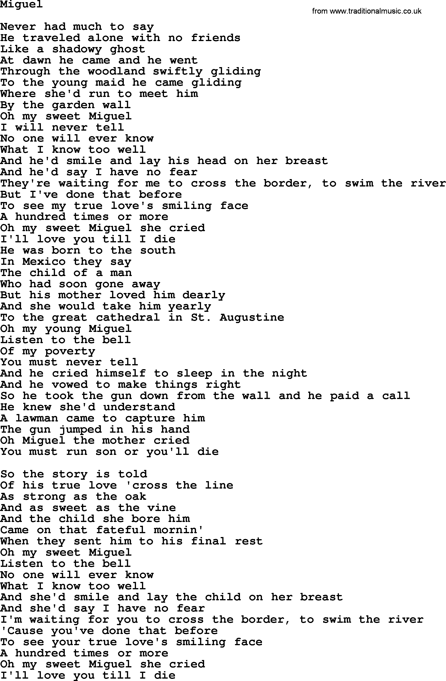 Gordon Lightfoot song Miguel, lyrics