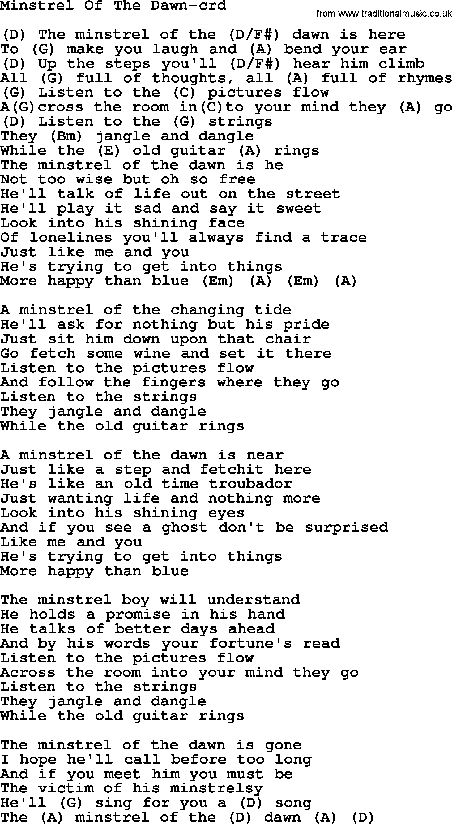Gordon Lightfoot song Minstrel Of The Dawn, lyrics and chords