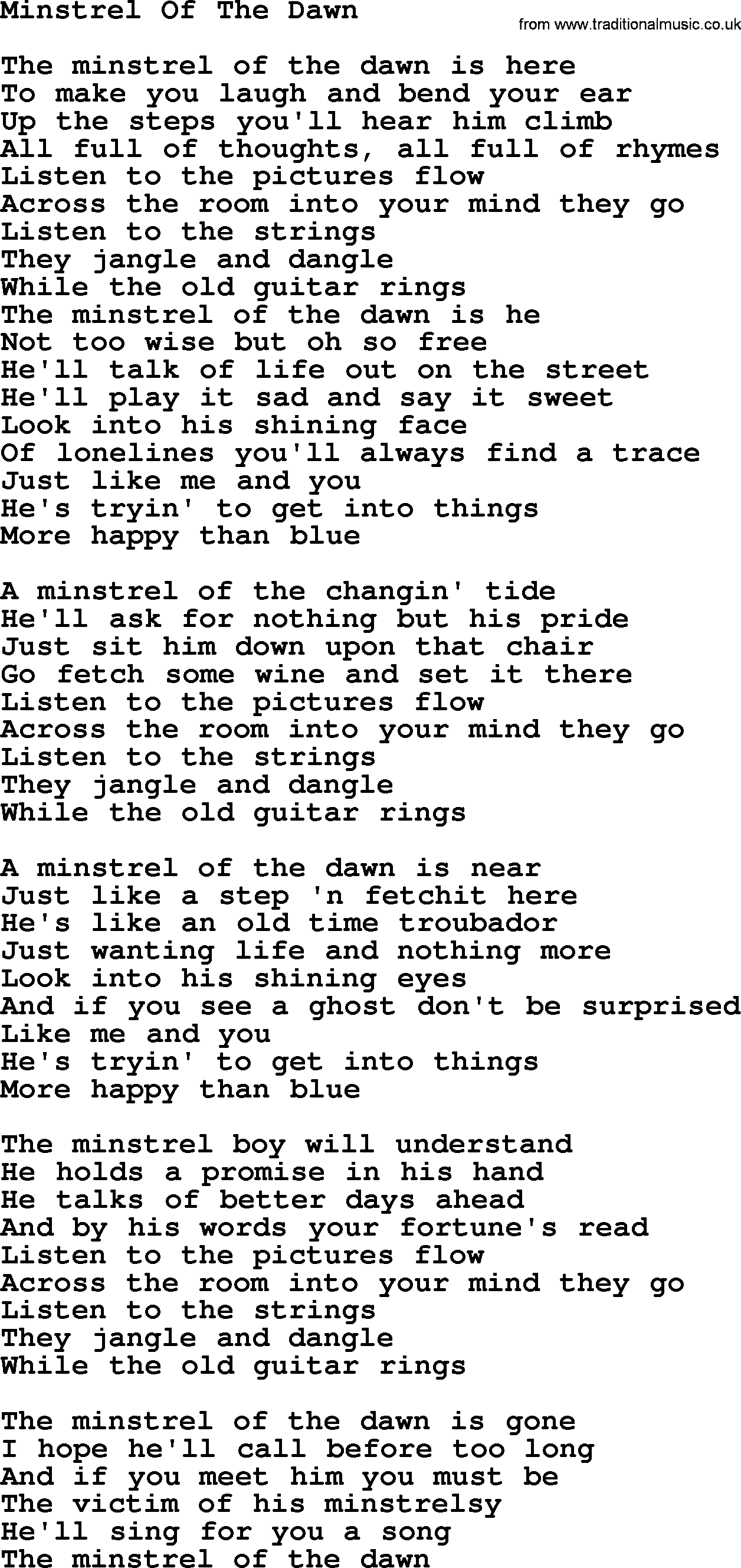 Gordon Lightfoot song Minstrel Of The Dawn, lyrics