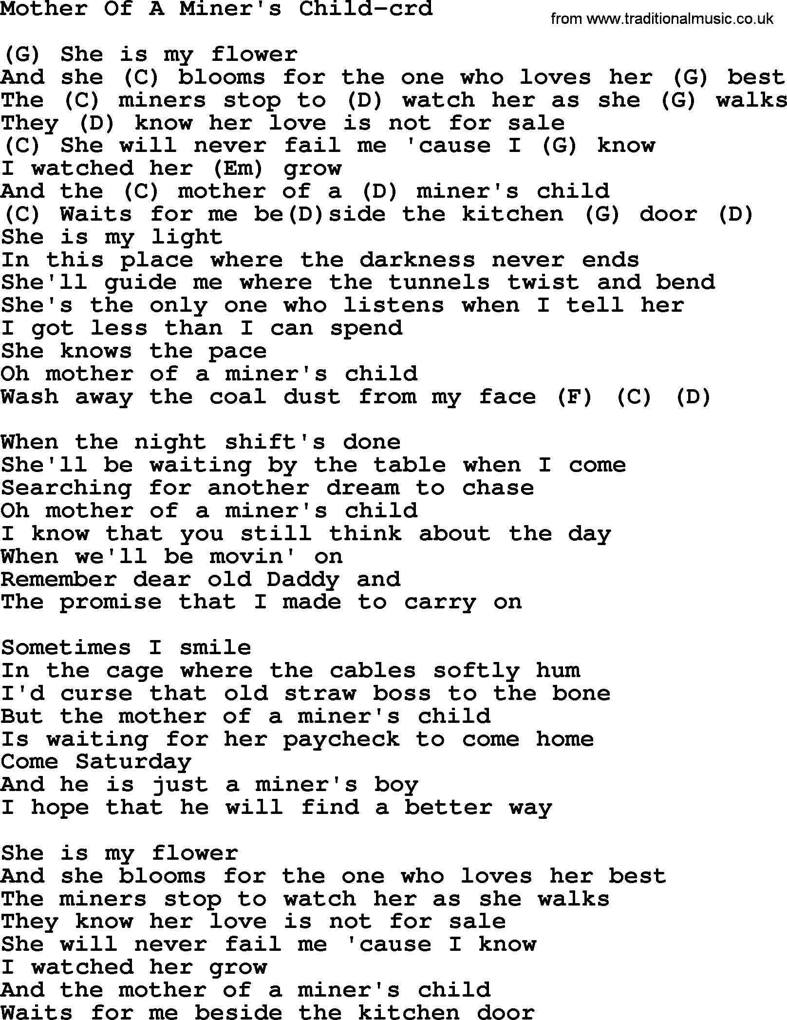Gordon Lightfoot song Mother Of A Miner's Child, lyrics and chords