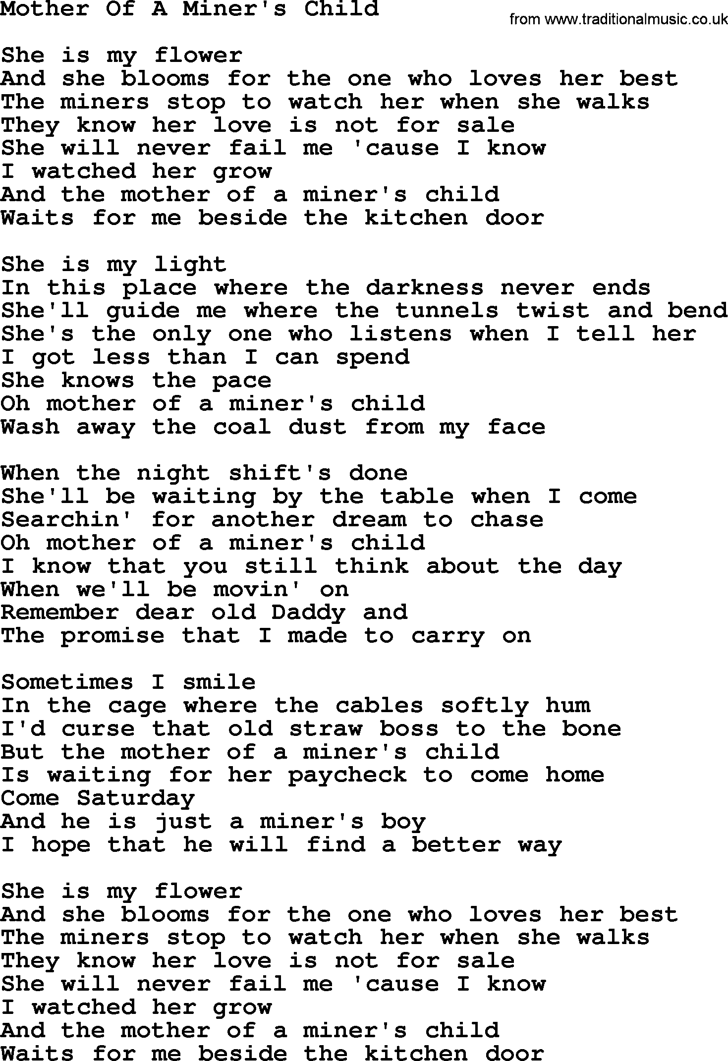 Gordon Lightfoot song Mother Of A Miner's Child, lyrics