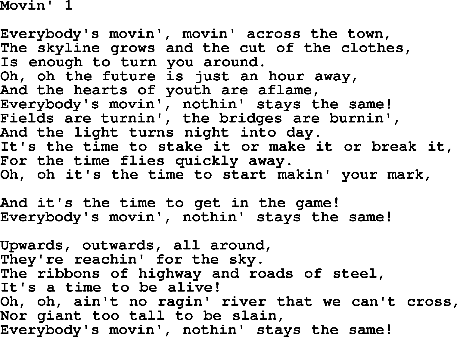 Gordon Lightfoot song Movin' 1, lyrics