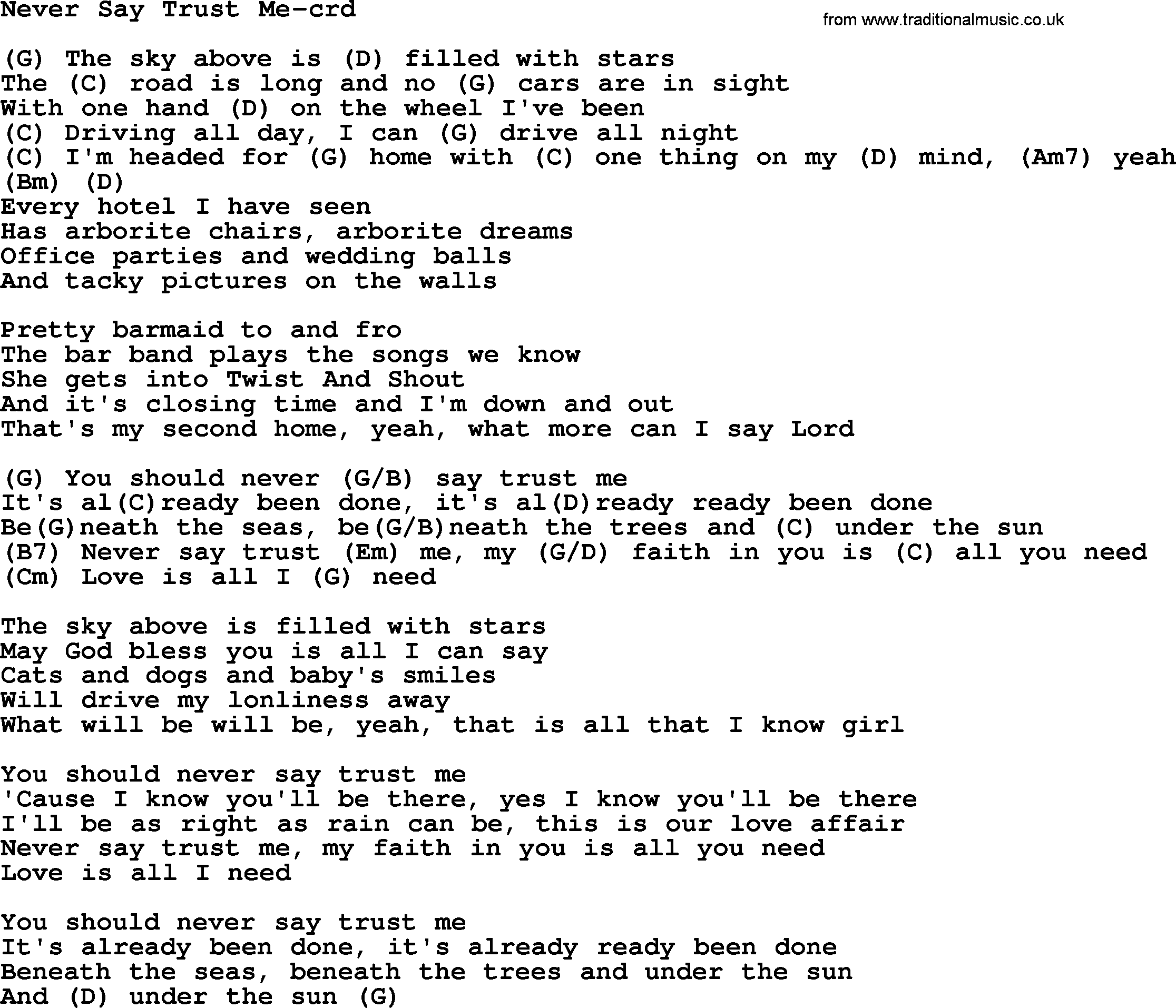 Gordon Lightfoot song Never Say Trust Me, lyrics and chords
