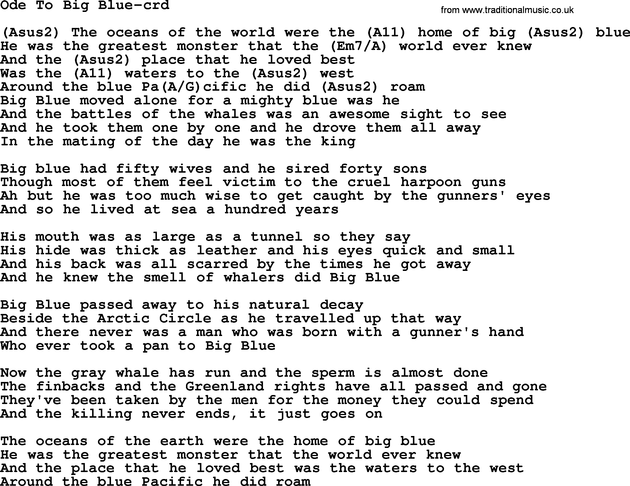 Gordon Lightfoot song Ode To Big Blue, lyrics and chords