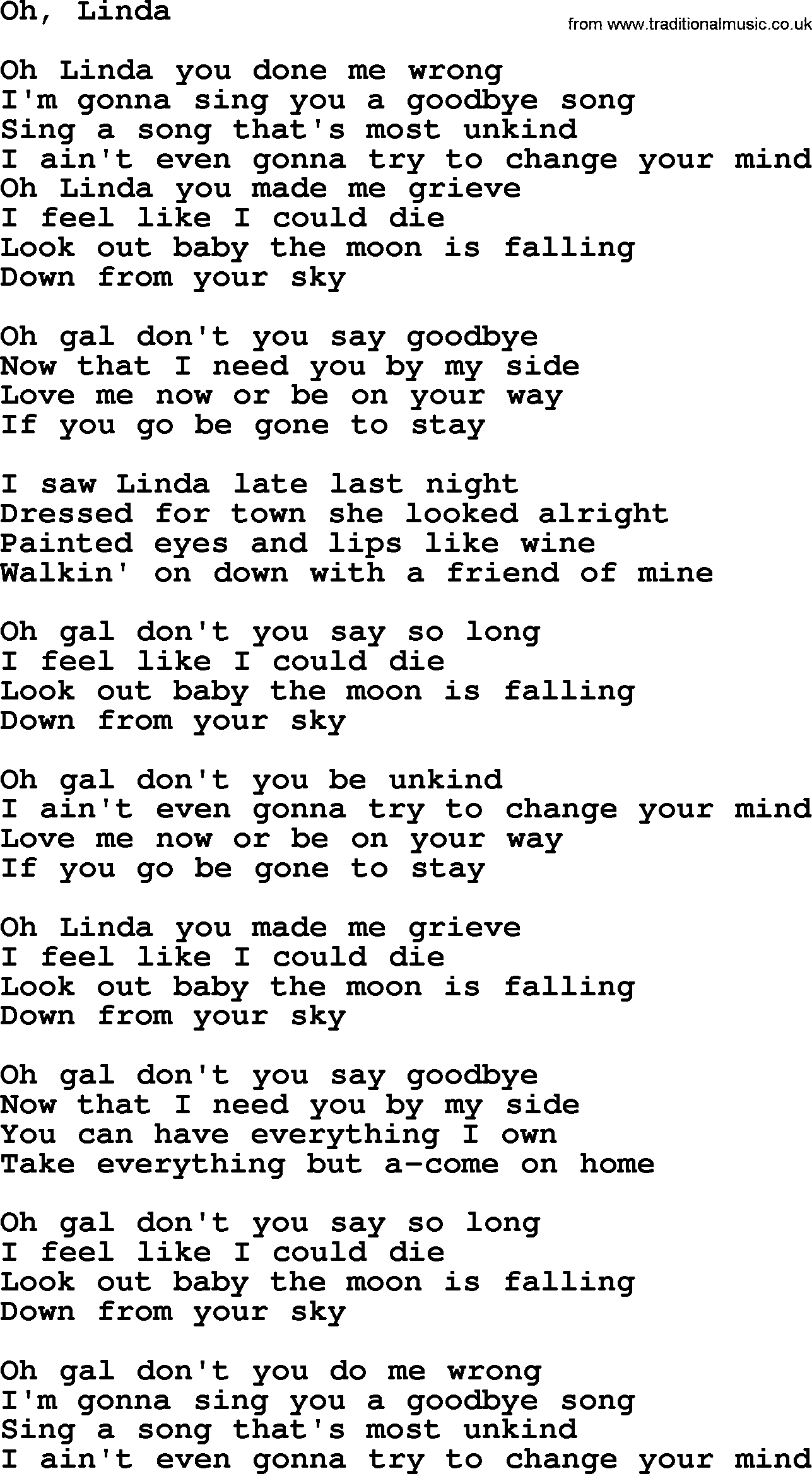 Gordon Lightfoot song Oh, Linda, lyrics