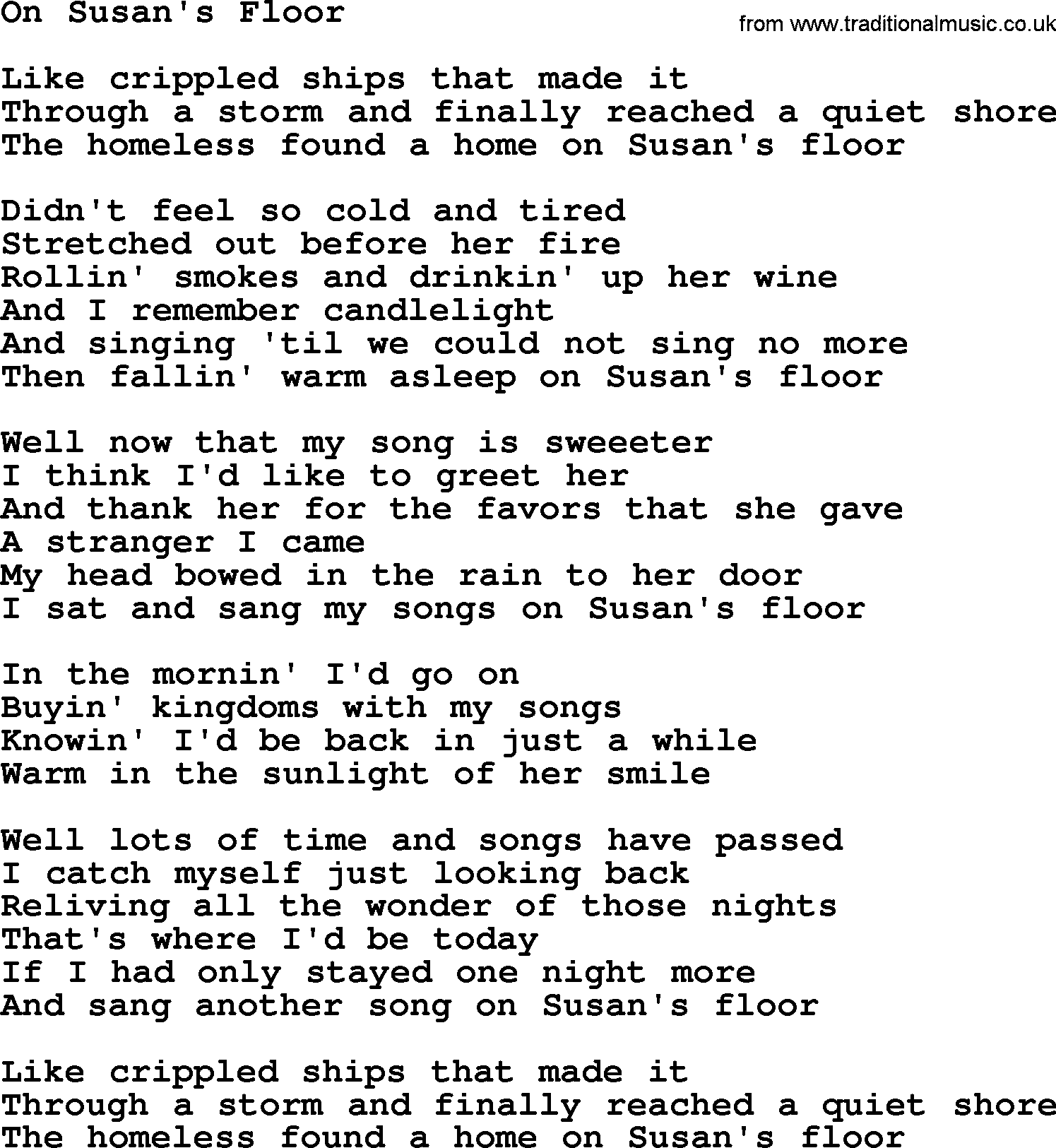 Gordon Lightfoot song On Susan's Floor, lyrics