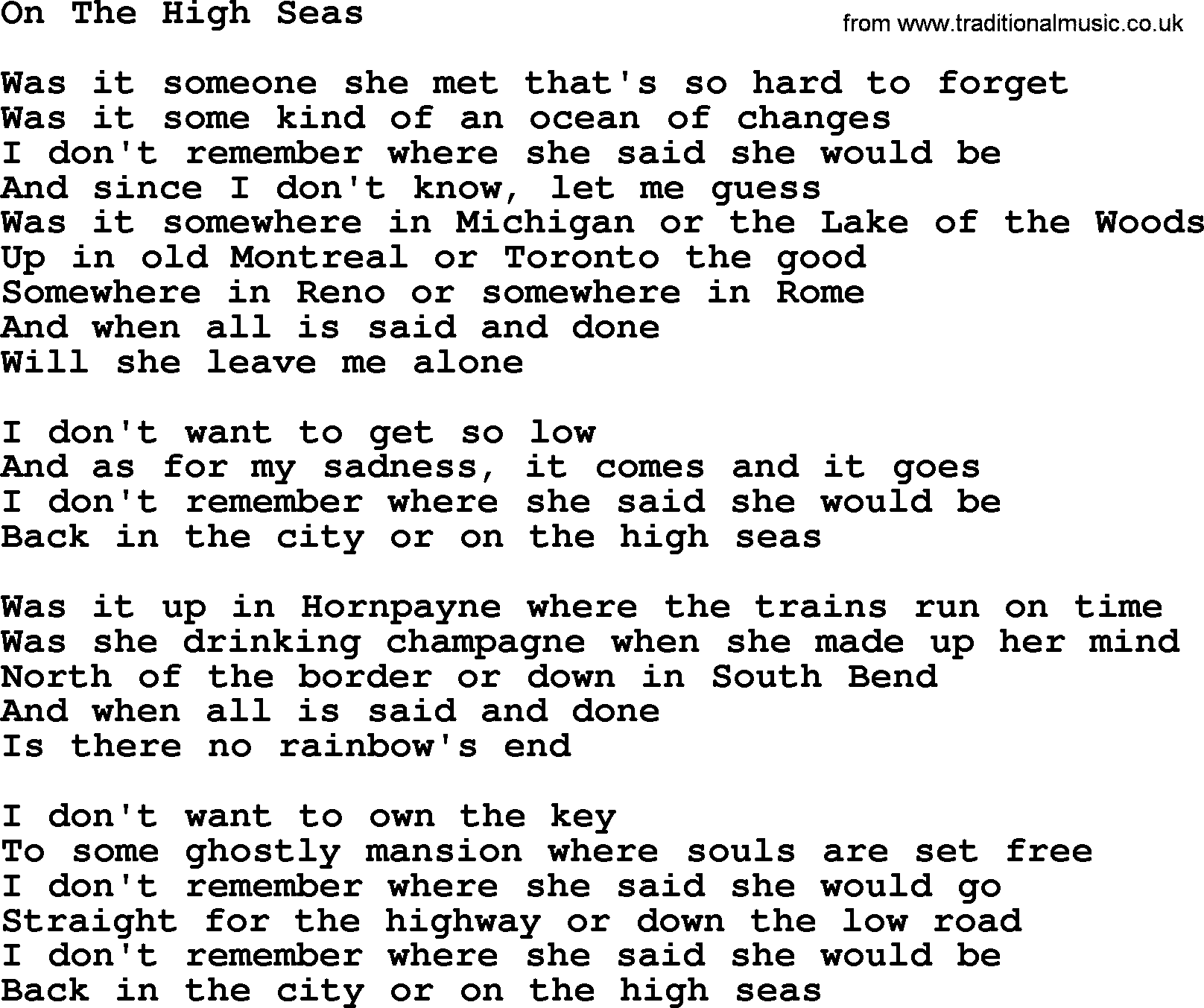 Gordon Lightfoot song On The High Seas, lyrics