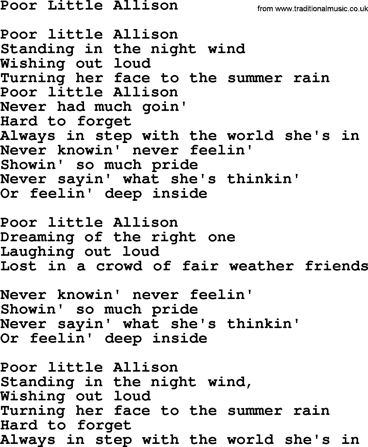 Gordon Lightfoot song Poor Little Allison, lyrics