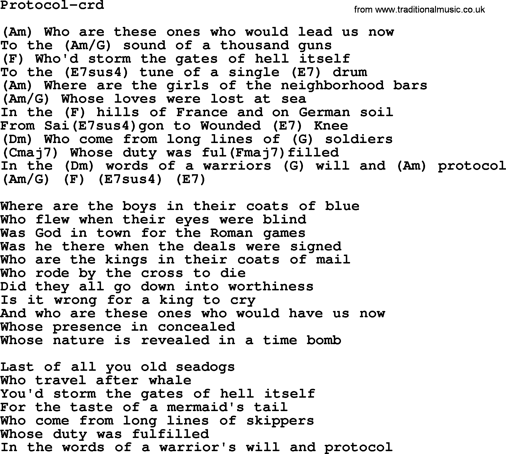 Gordon Lightfoot song Protocol, lyrics and chords