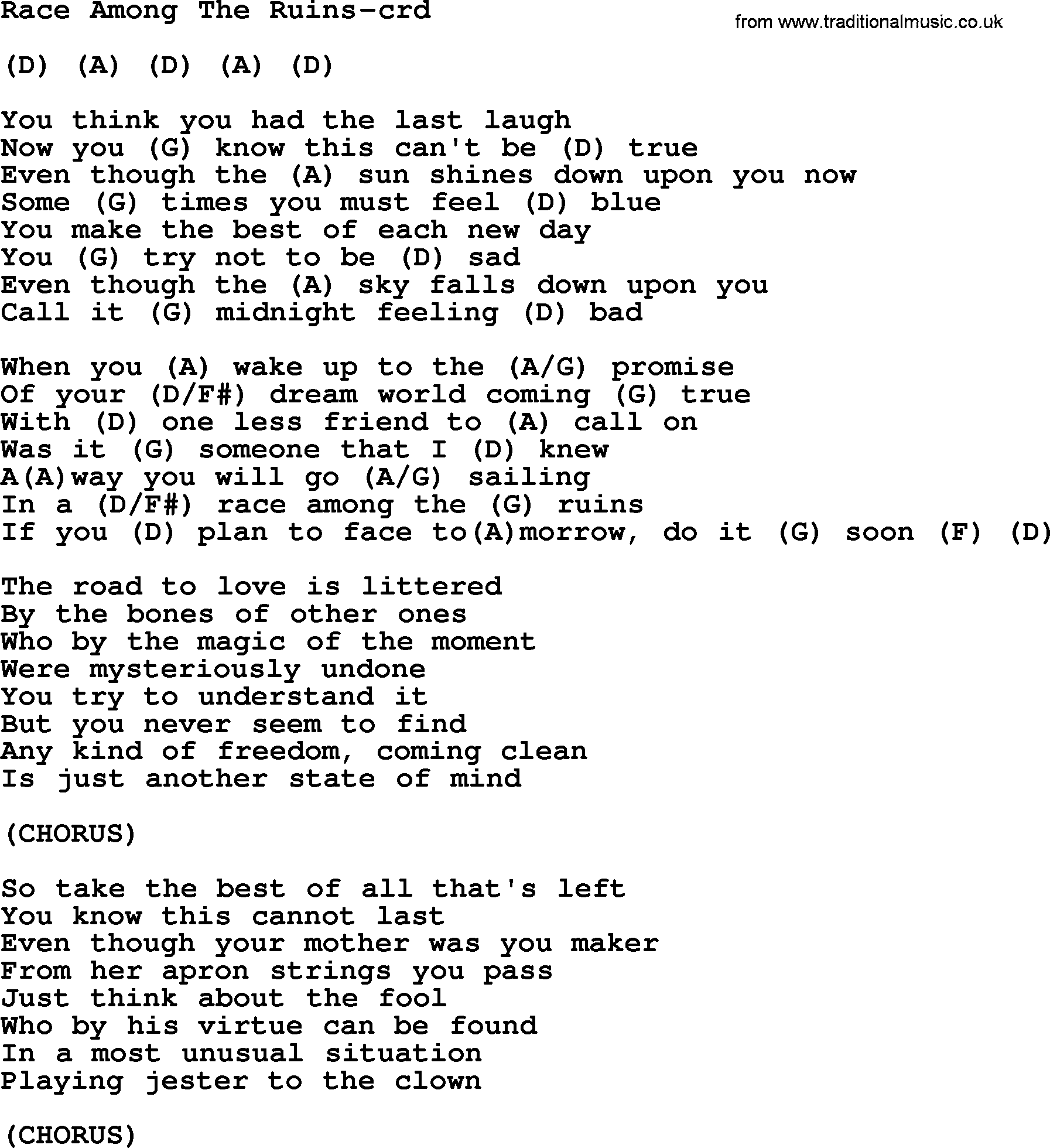 Gordon Lightfoot song Race Among The Ruins, lyrics and chords
