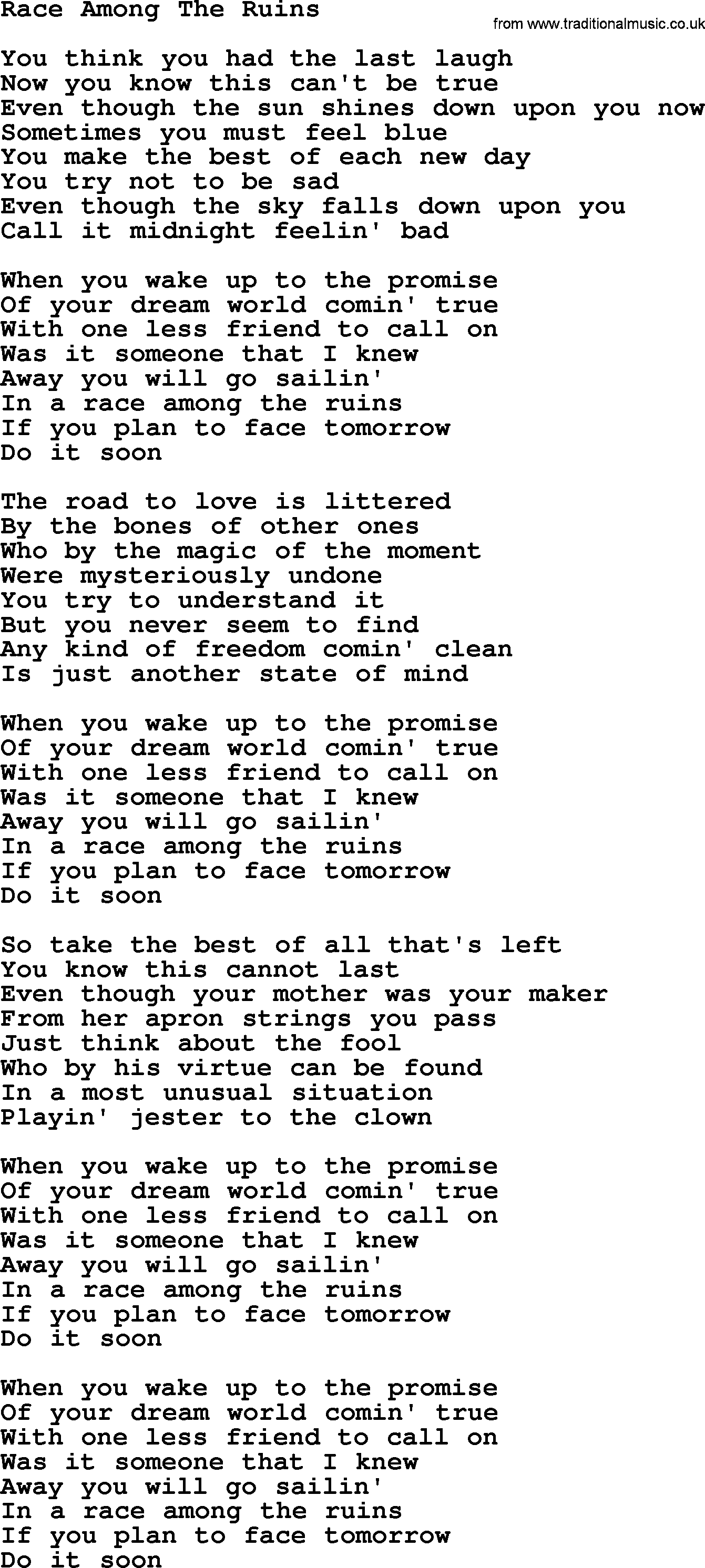 Gordon Lightfoot song Race Among The Ruins, lyrics