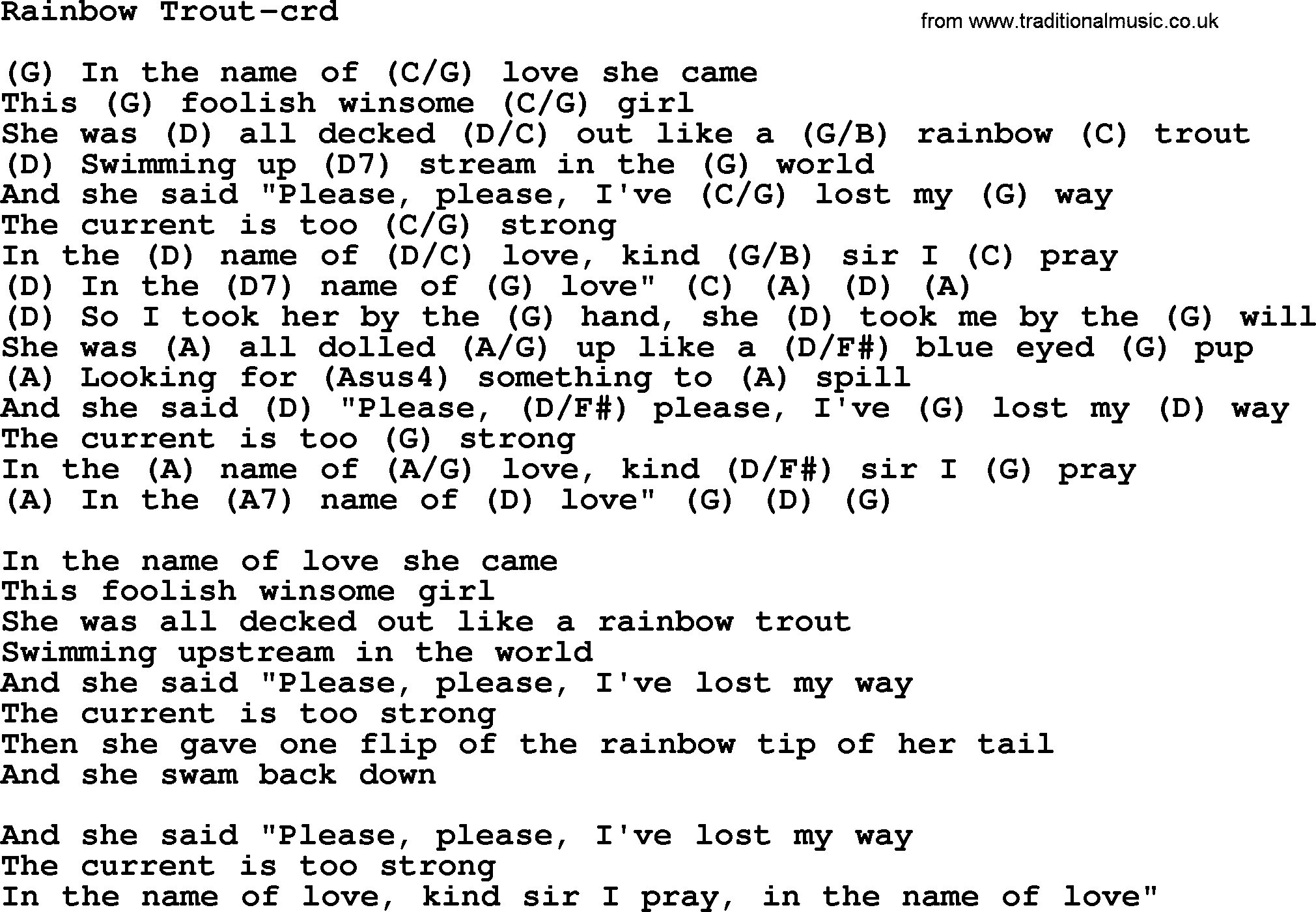 Gordon Lightfoot song Rainbow Trout, lyrics and chords