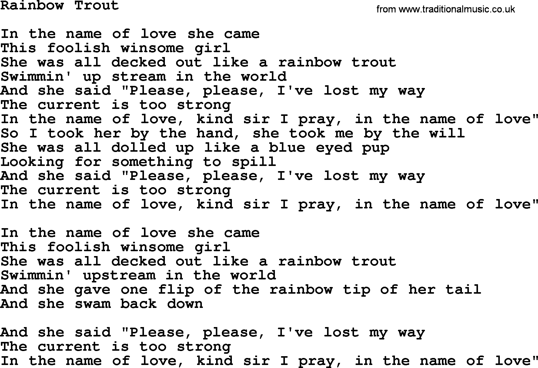 Gordon Lightfoot song Rainbow Trout, lyrics