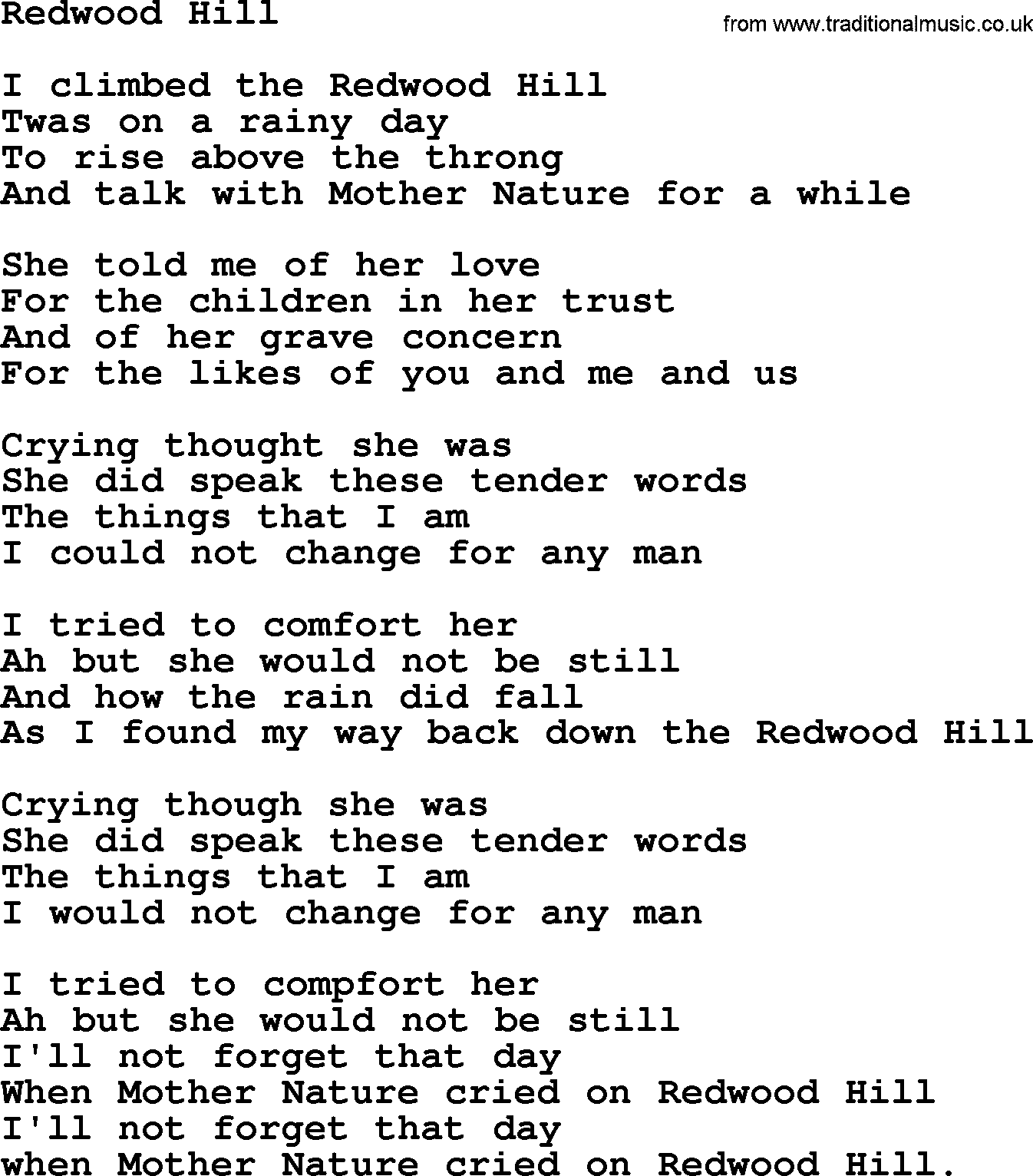 Gordon Lightfoot song Redwood Hill, lyrics