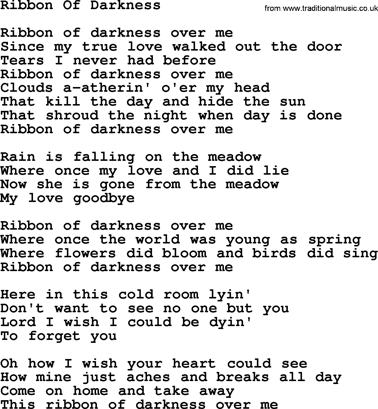 Gordon Lightfoot song Ribbon Of Darkness, lyrics