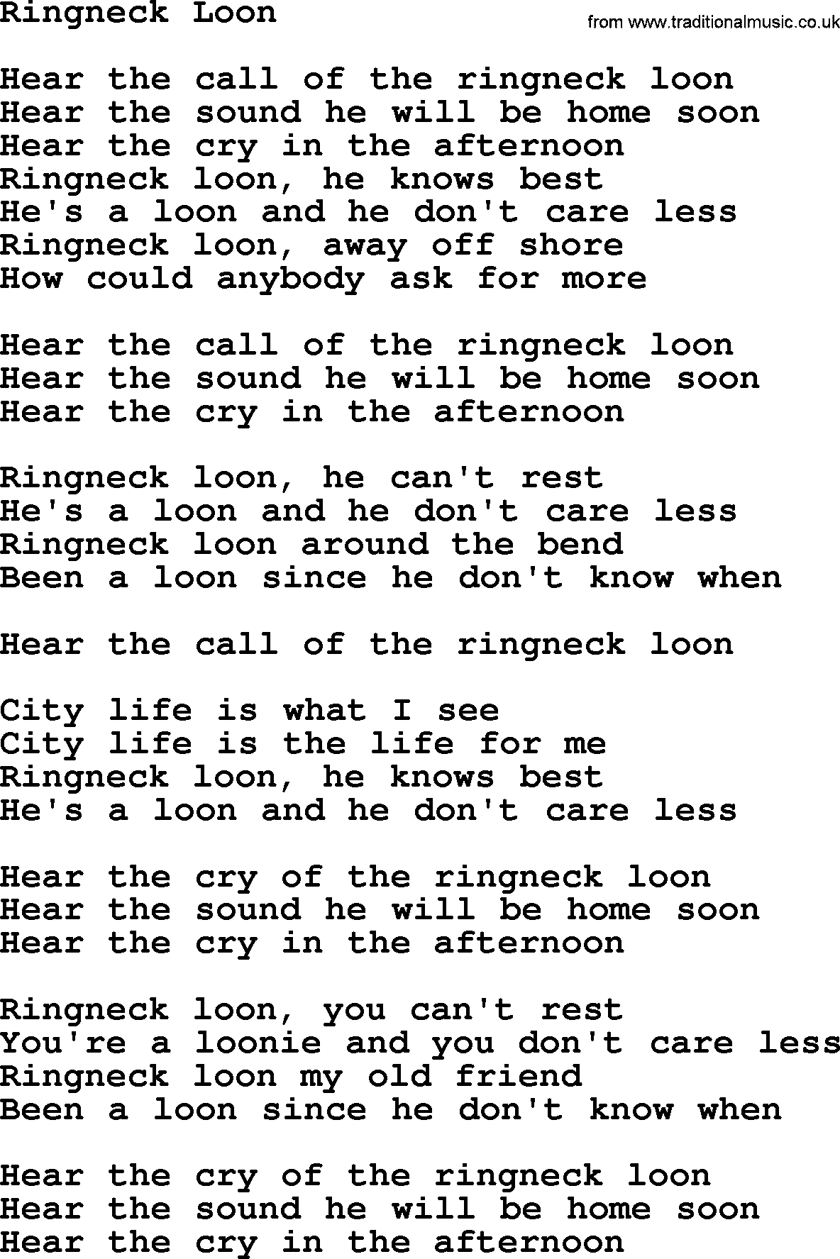 Gordon Lightfoot song Ringneck Loon, lyrics