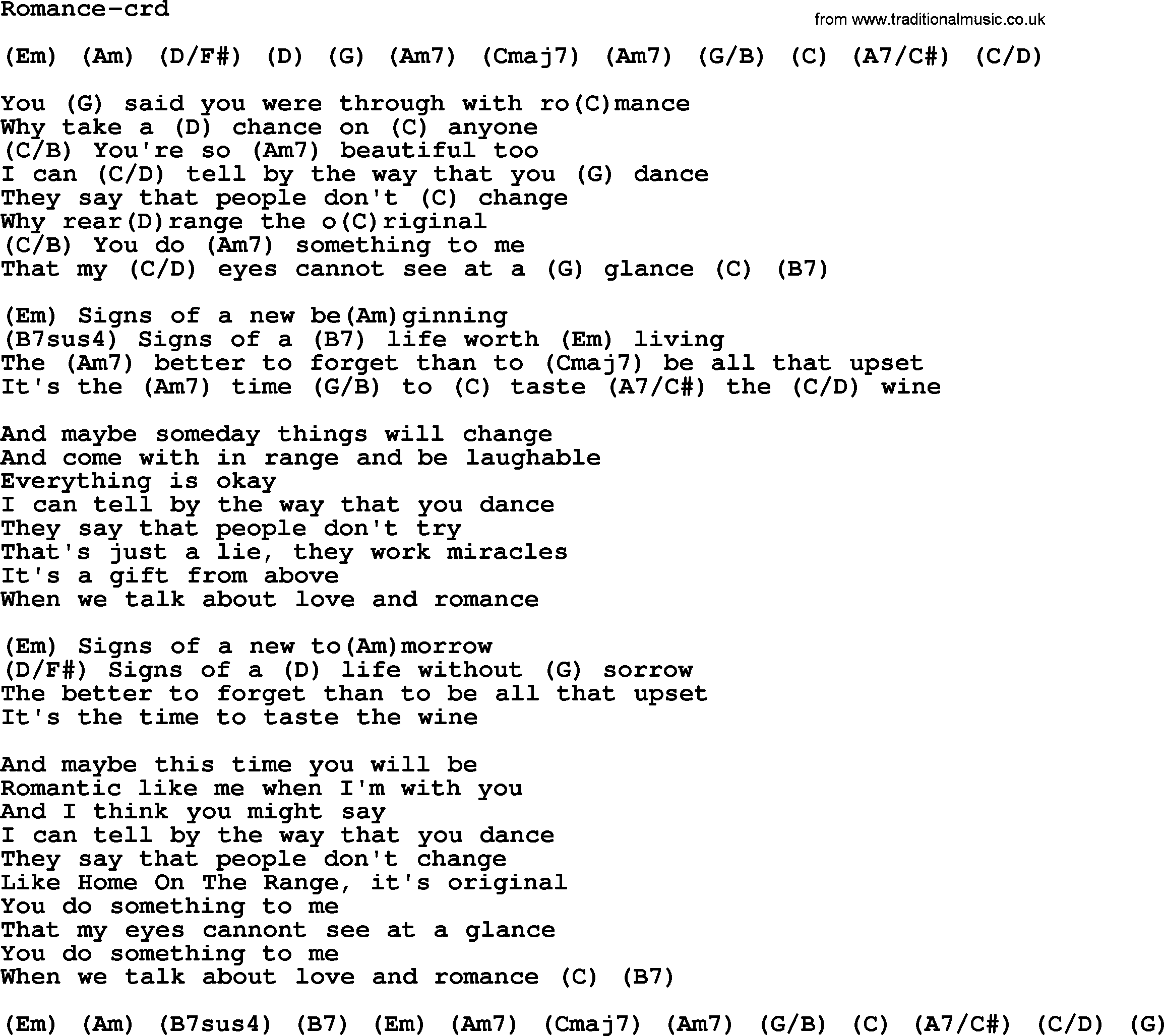 Gordon Lightfoot song Romance, lyrics and chords