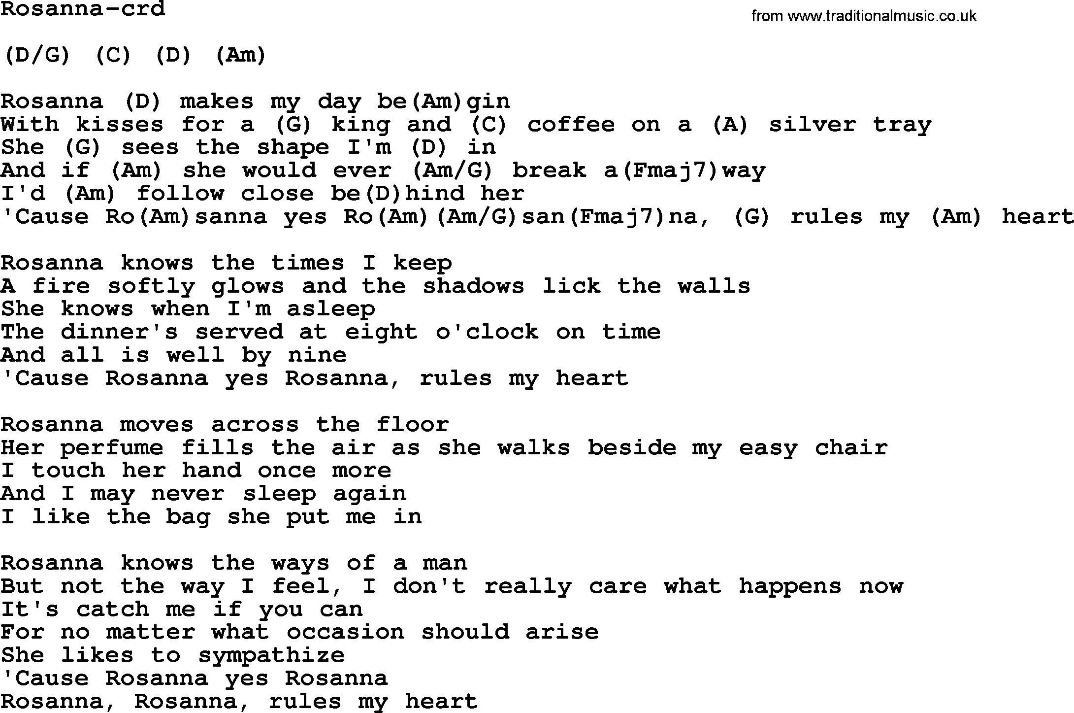 Gordon Lightfoot song Rosanna, lyrics and chords