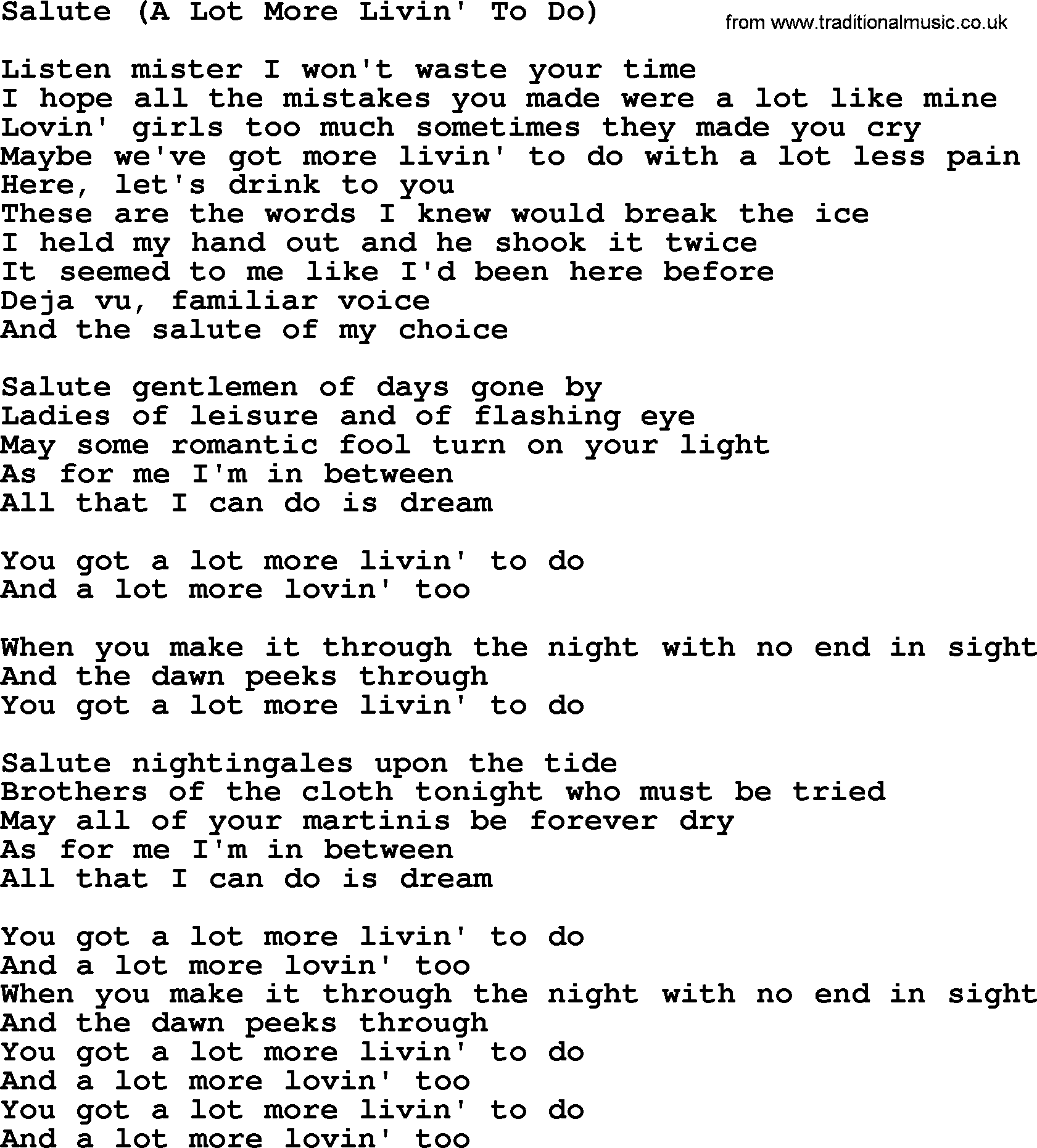 Gordon Lightfoot song Salute (A Lot More Livin' To Do), lyrics
