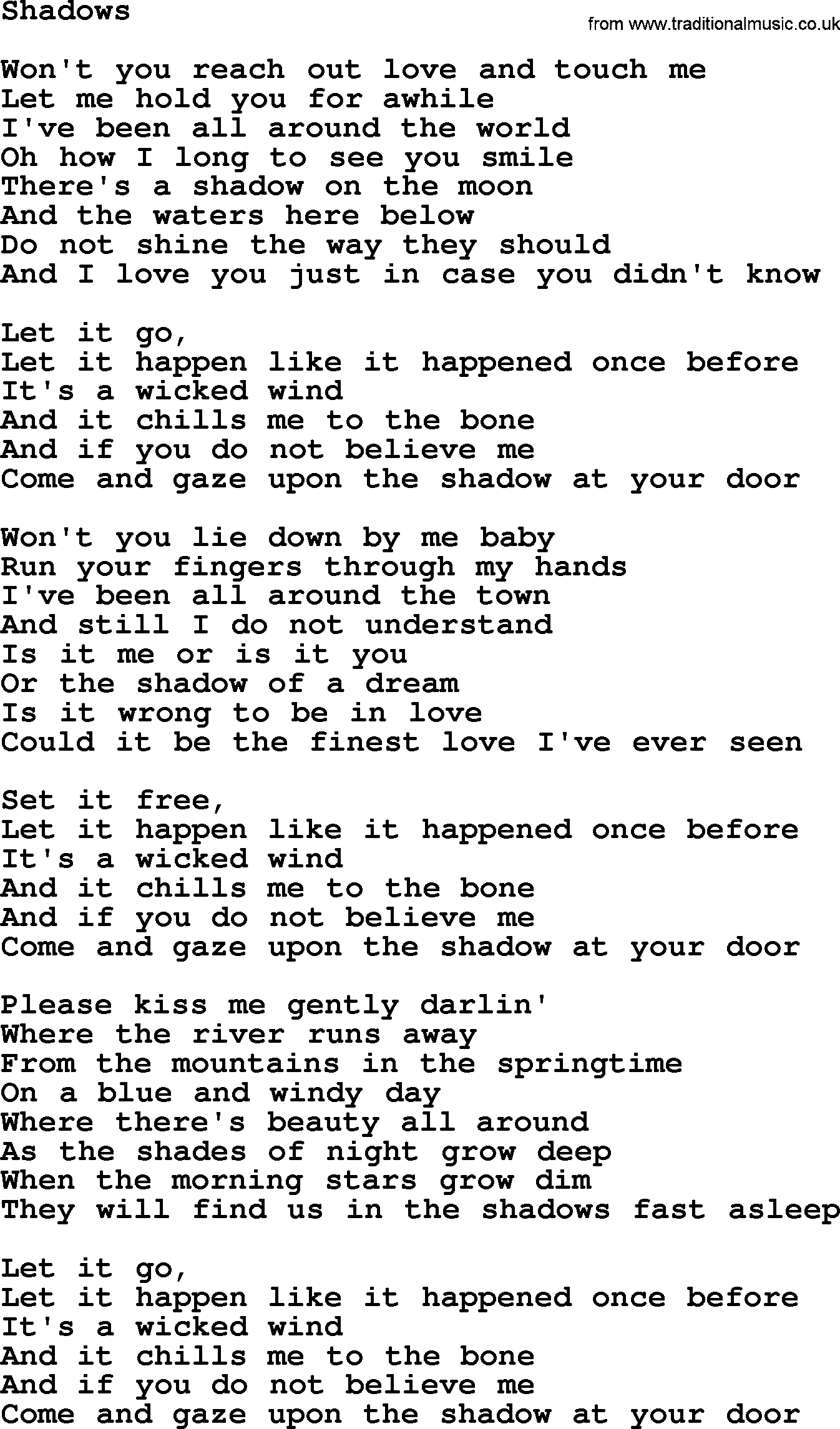 Gordon Lightfoot song Shadows, lyrics