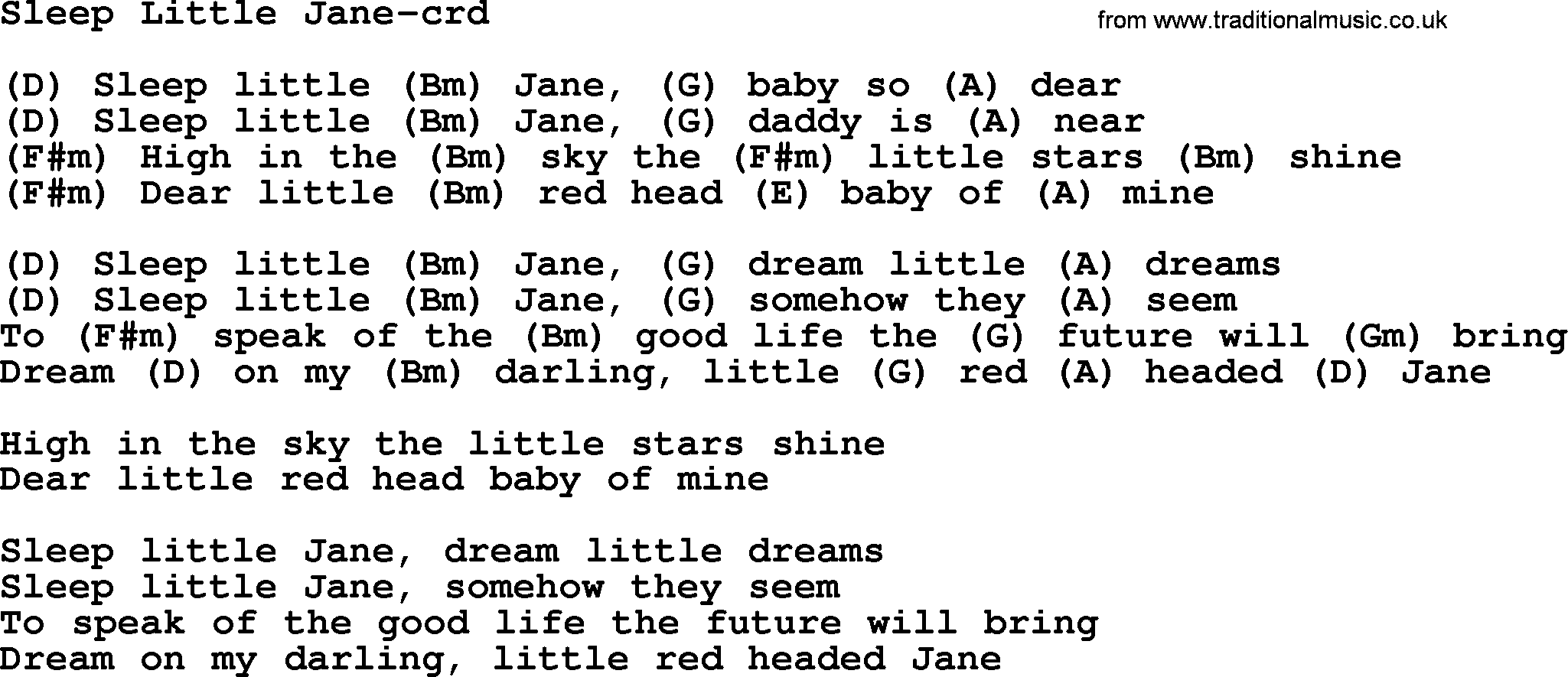 Gordon Lightfoot song Sleep Little Jane, lyrics and chords