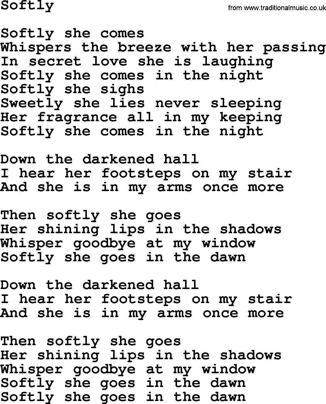 Gordon Lightfoot song Softly, lyrics