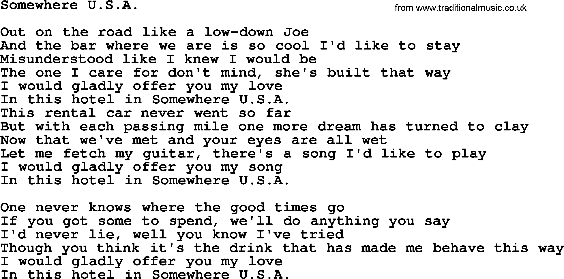 Gordon Lightfoot song Somewhere U.s.a., lyrics