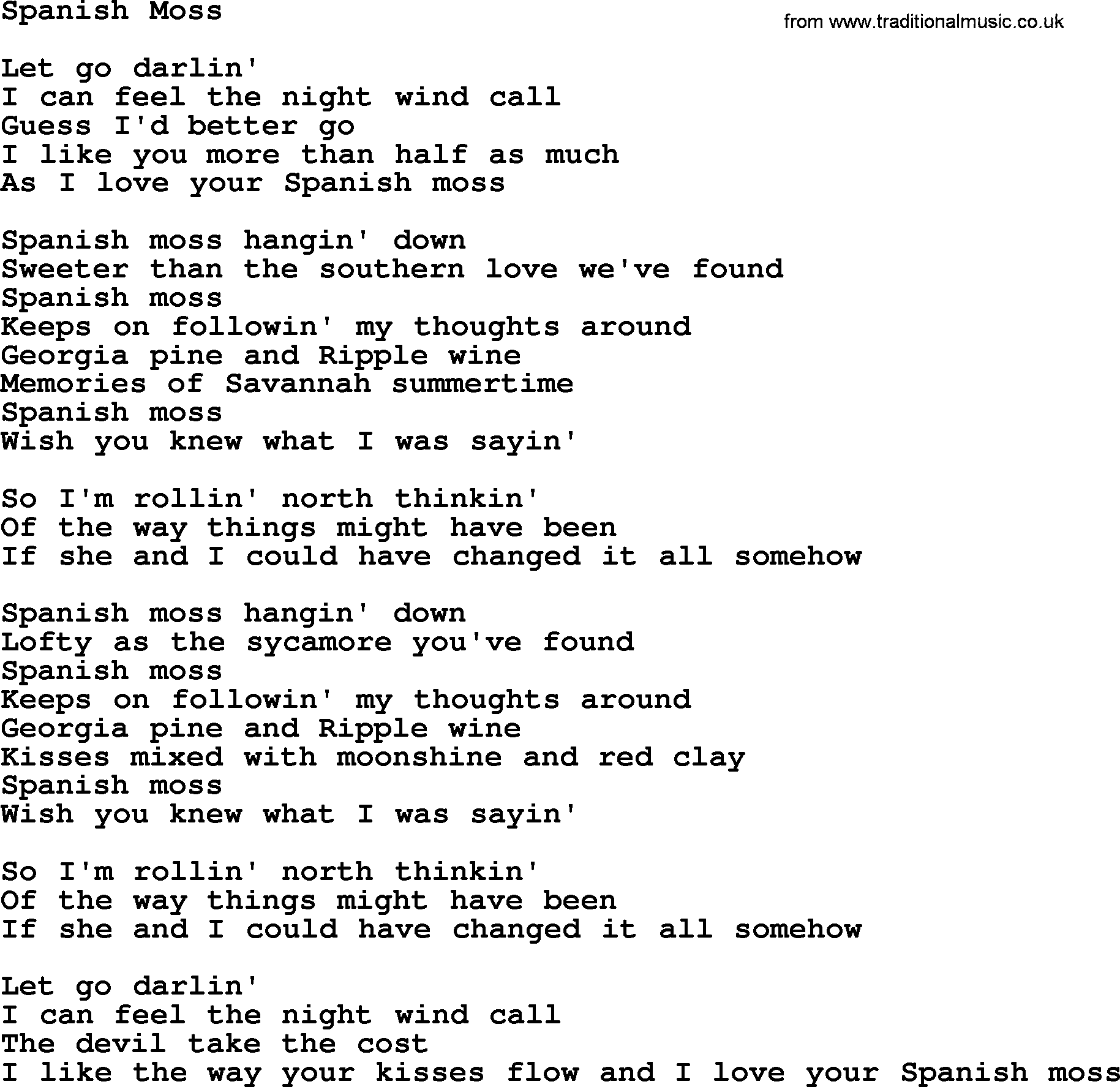 Gordon Lightfoot song Spanish Moss, lyrics