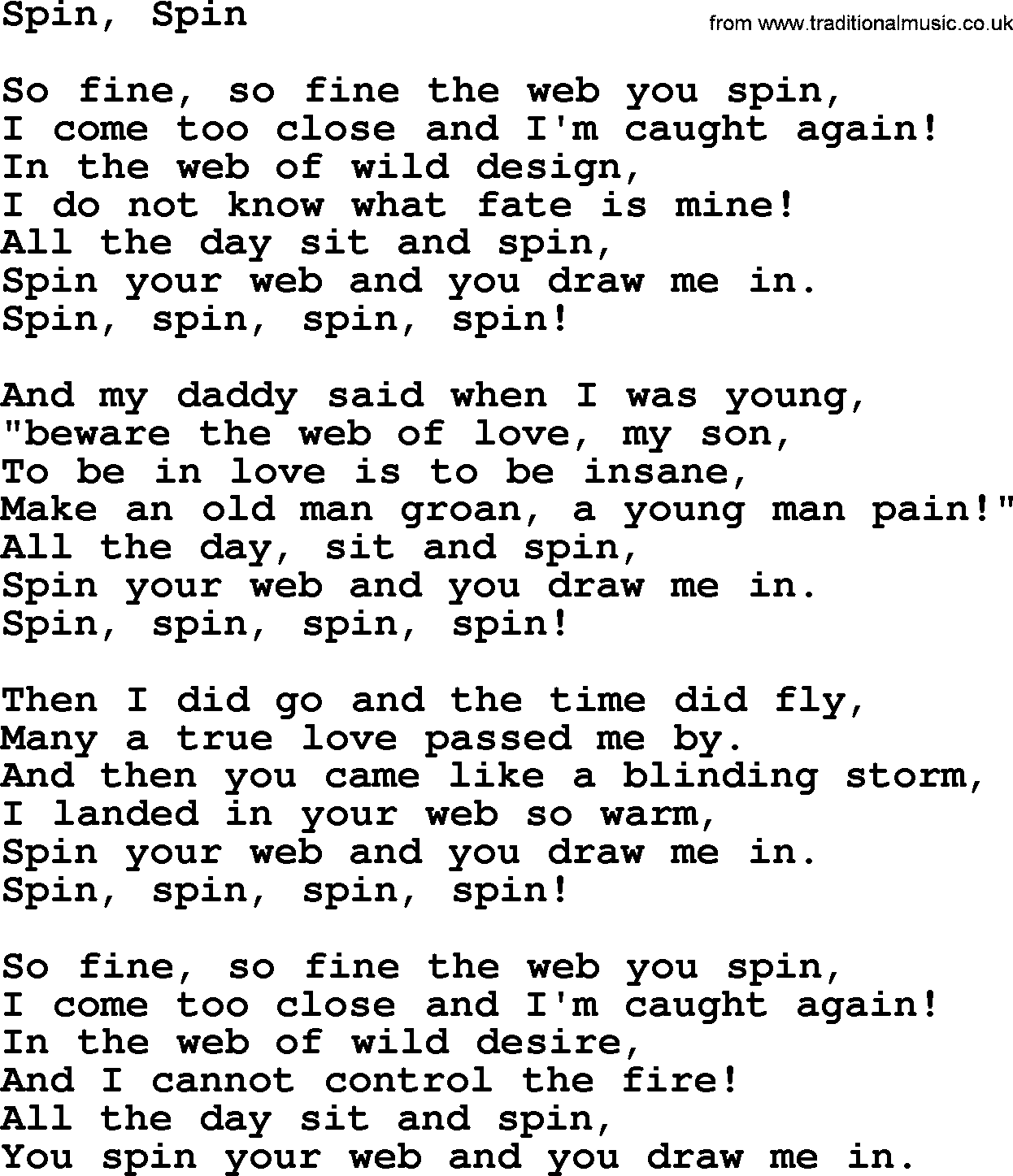 Gordon Lightfoot song Spin, Spin, lyrics